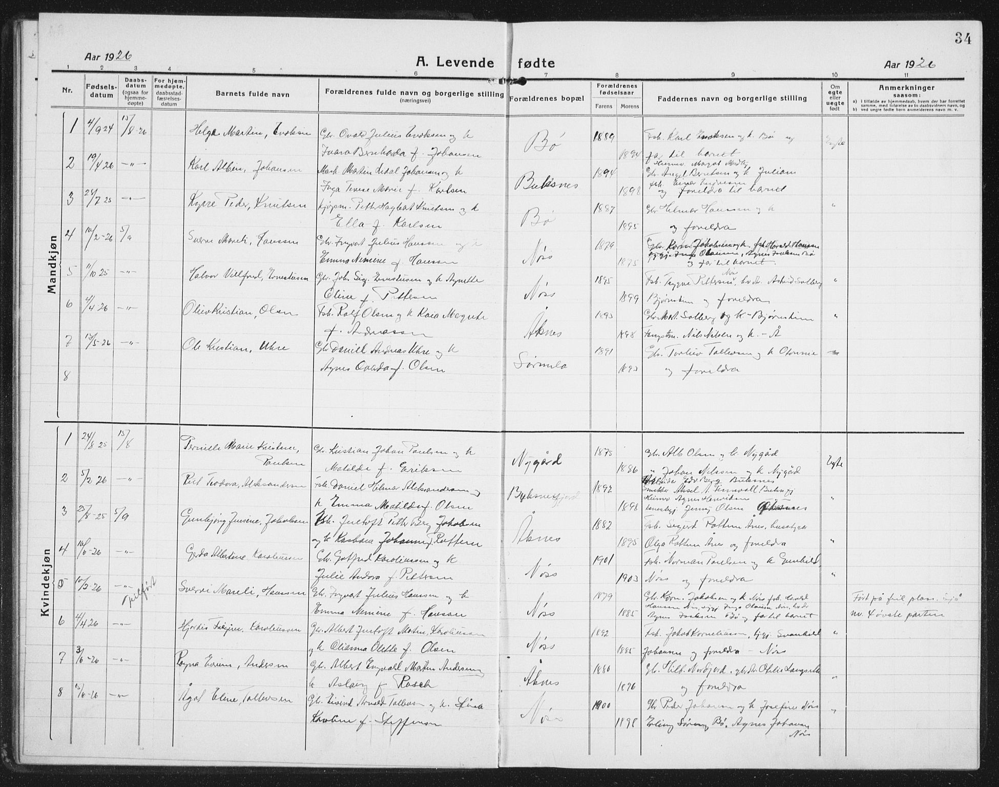 Ministerialprotokoller, klokkerbøker og fødselsregistre - Nordland, AV/SAT-A-1459/898/L1428: Parish register (copy) no. 898C03, 1918-1938, p. 34