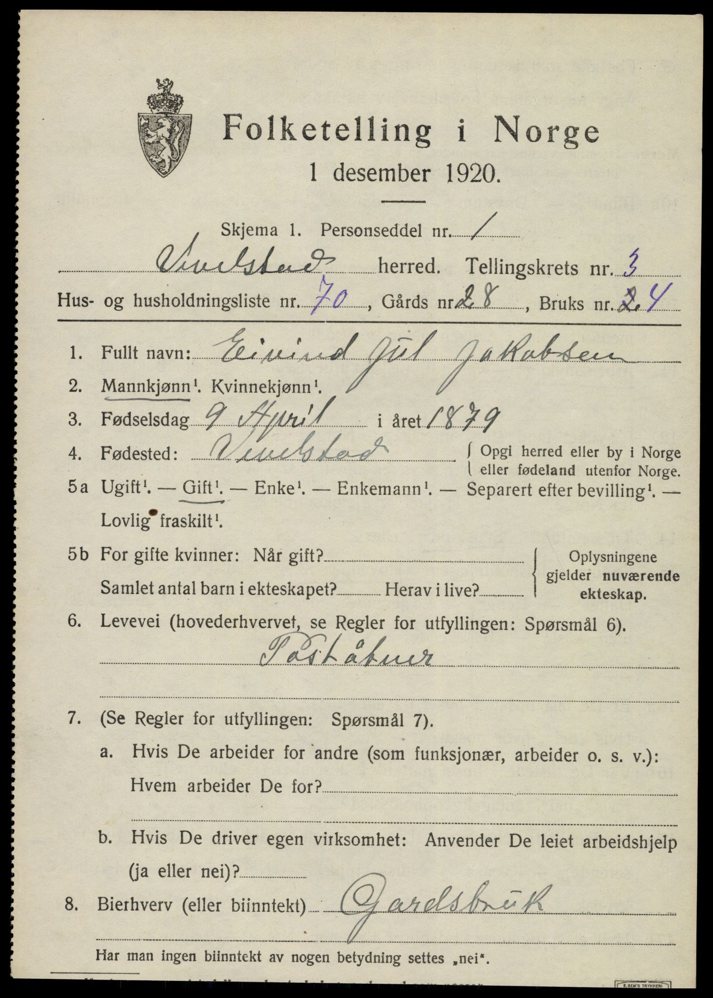 SAT, 1920 census for Vevelstad, 1920, p. 2622