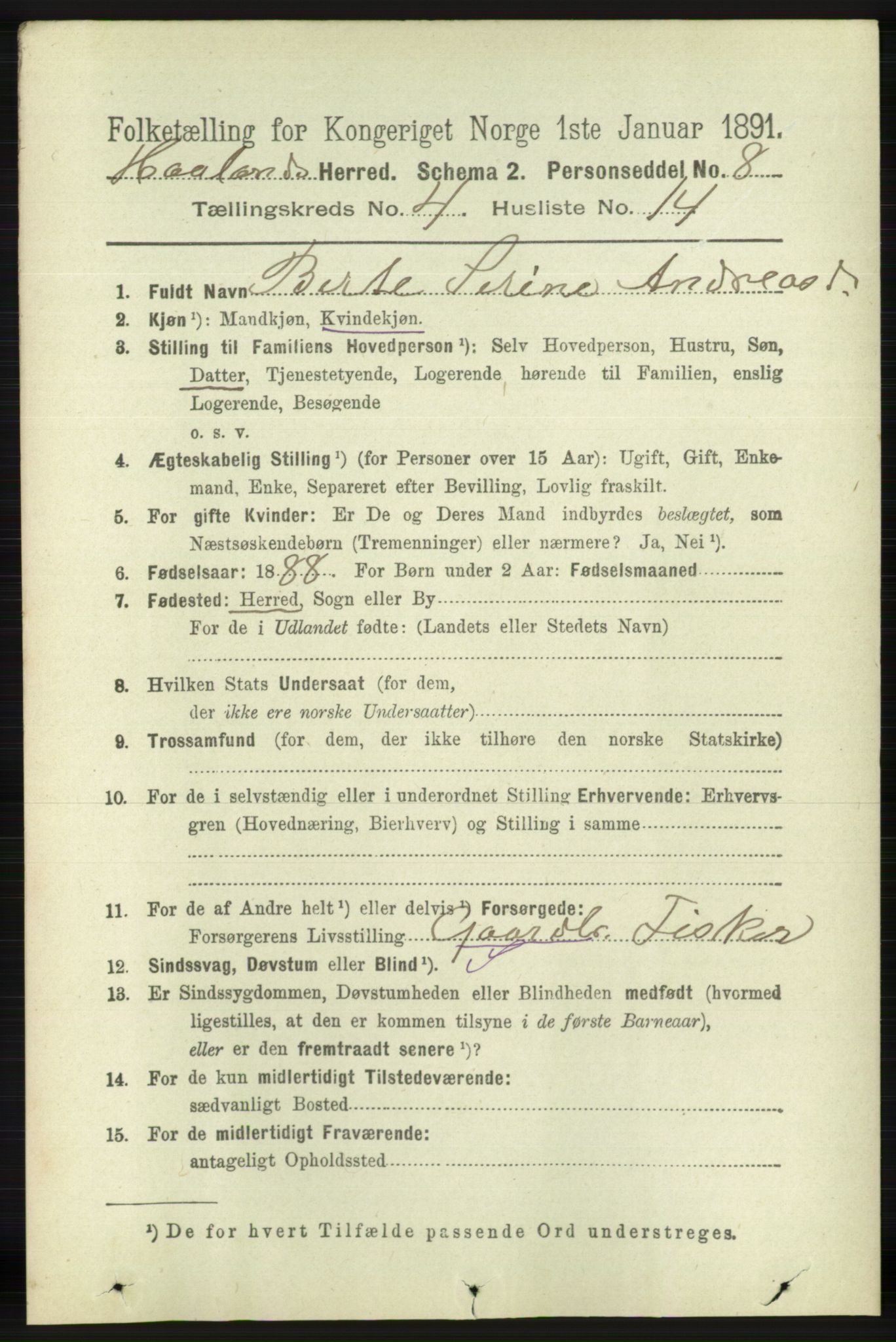 RA, 1891 census for 1124 Haaland, 1891, p. 2500