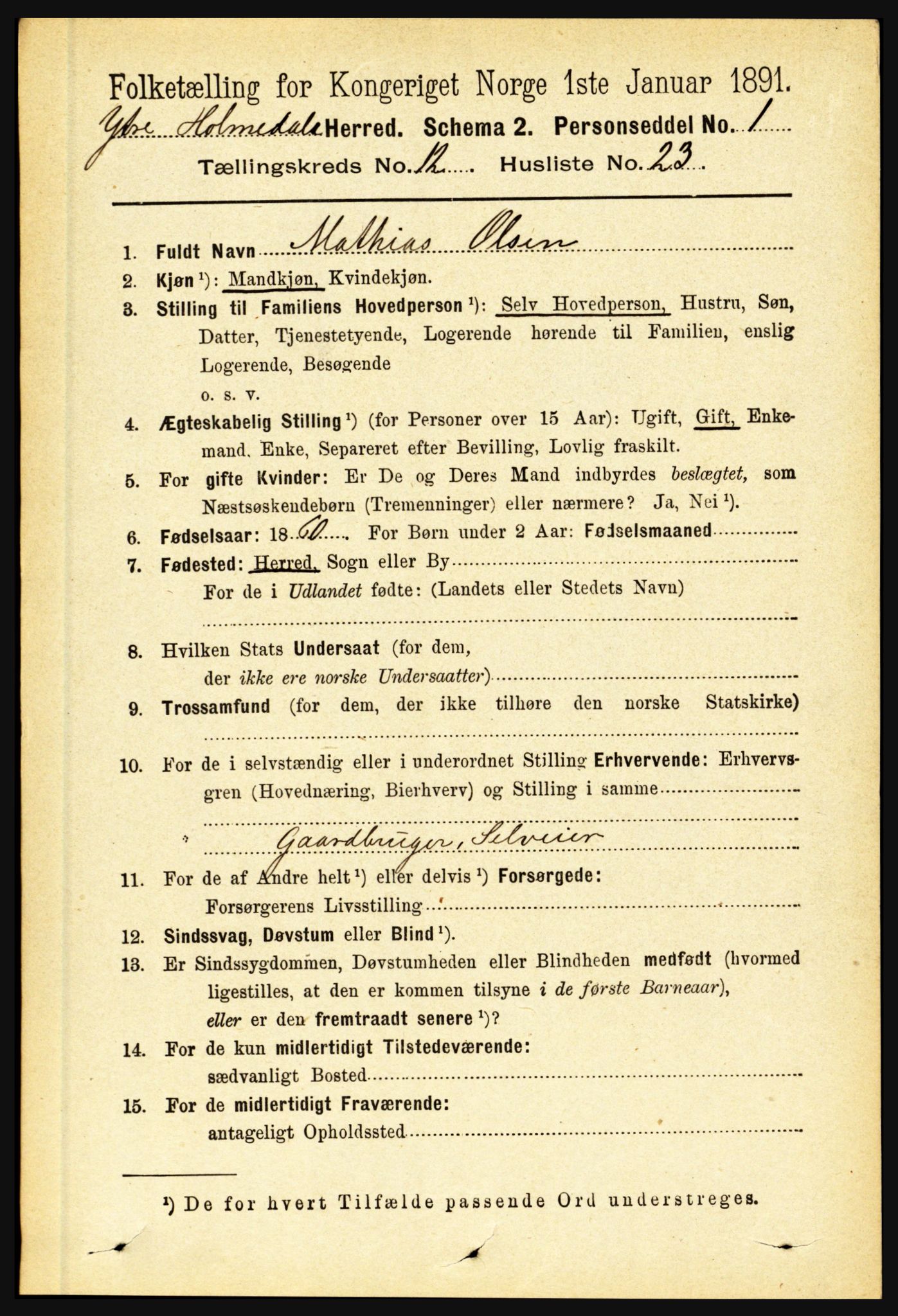 RA, 1891 census for 1429 Ytre Holmedal, 1891, p. 3325