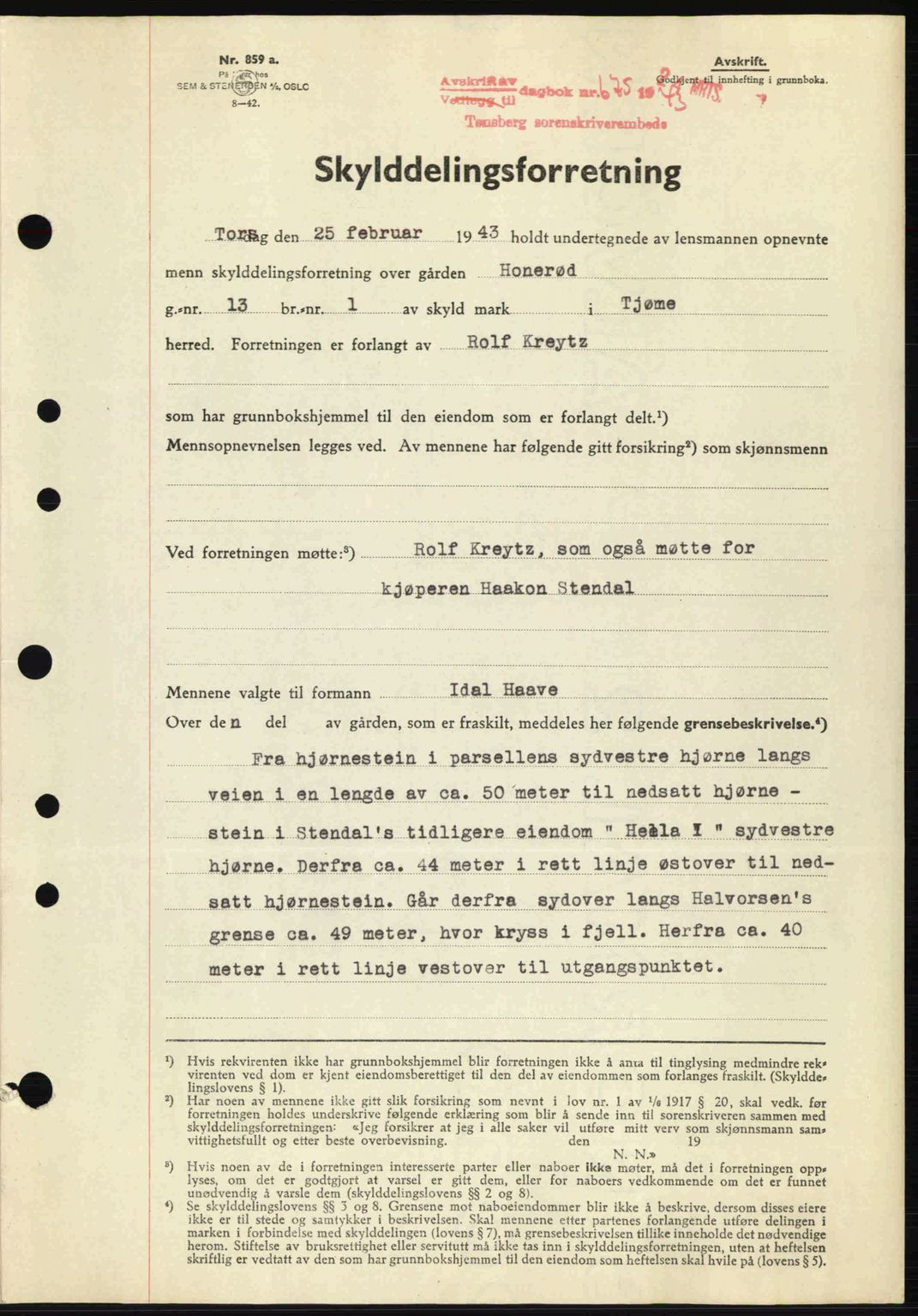 Tønsberg sorenskriveri, AV/SAKO-A-130/G/Ga/Gaa/L0012: Mortgage book no. A12, 1942-1943, Diary no: : 675/1943