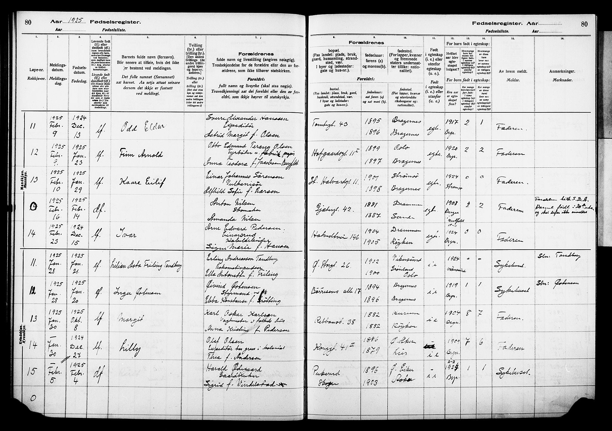 Bragernes kirkebøker, AV/SAKO-A-6/J/Ja/L0002: Birth register no. 2, 1922-1930, p. 80