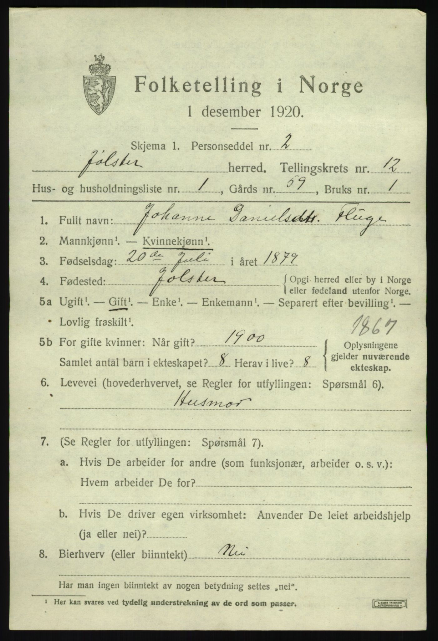 SAB, 1920 census for Jølster, 1920, p. 5574