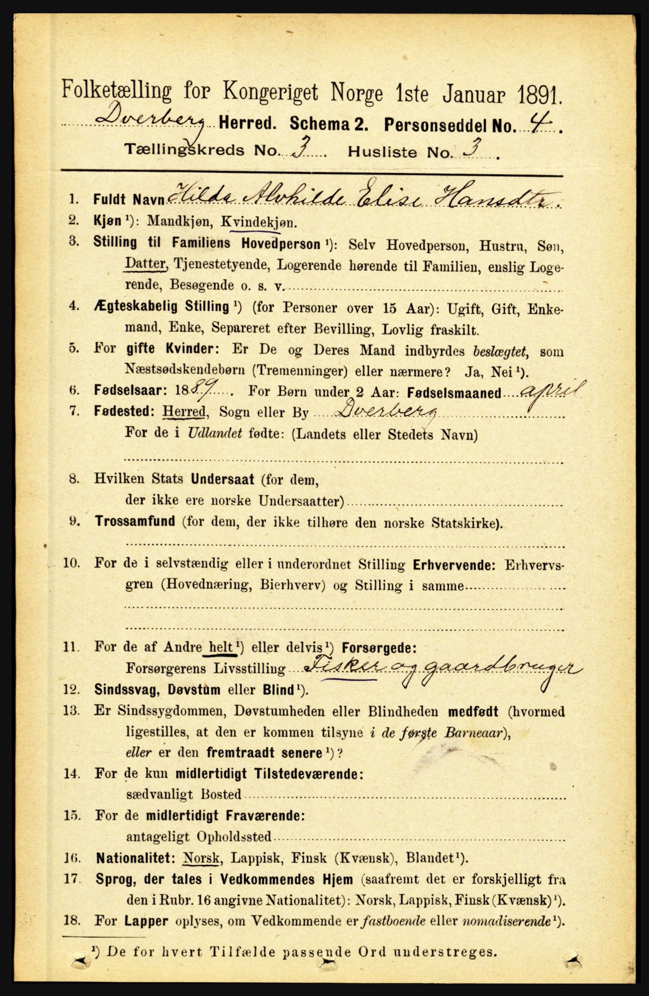 RA, 1891 census for 1872 Dverberg, 1891, p. 946