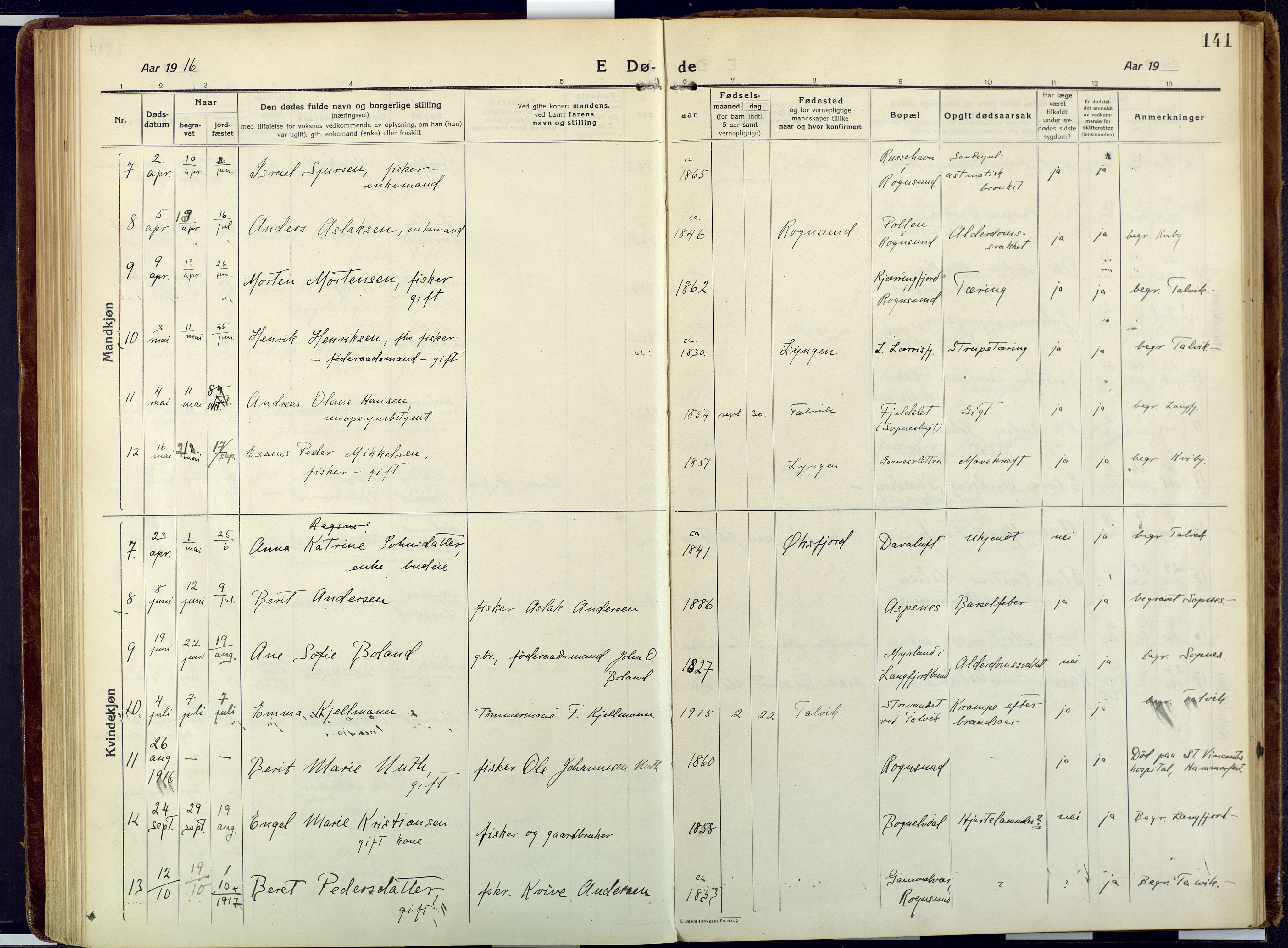 Talvik sokneprestkontor, SATØ/S-1337/H/Ha/L0018kirke: Parish register (official) no. 18, 1915-1924, p. 141