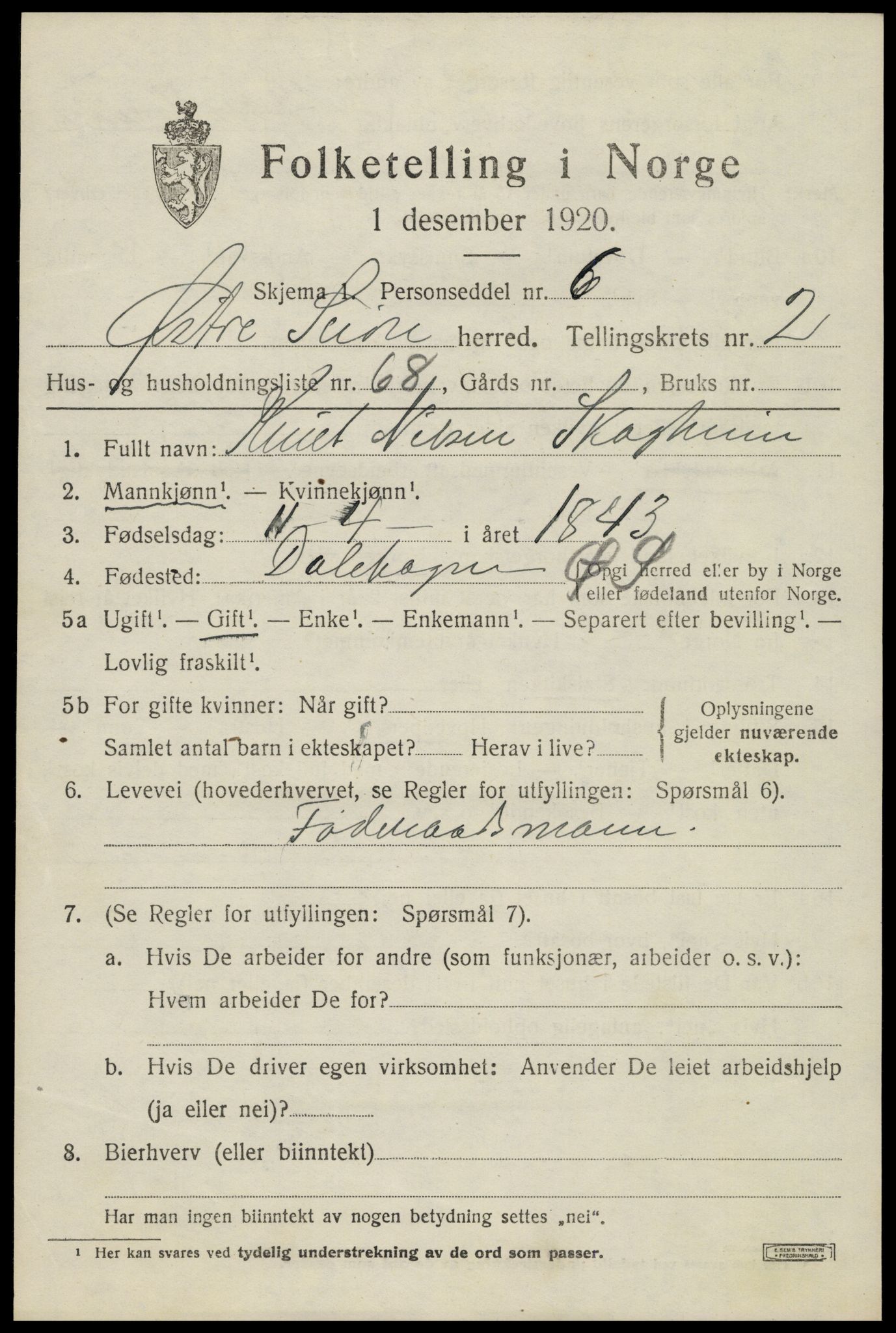 SAH, 1920 census for Øystre Slidre, 1920, p. 2165