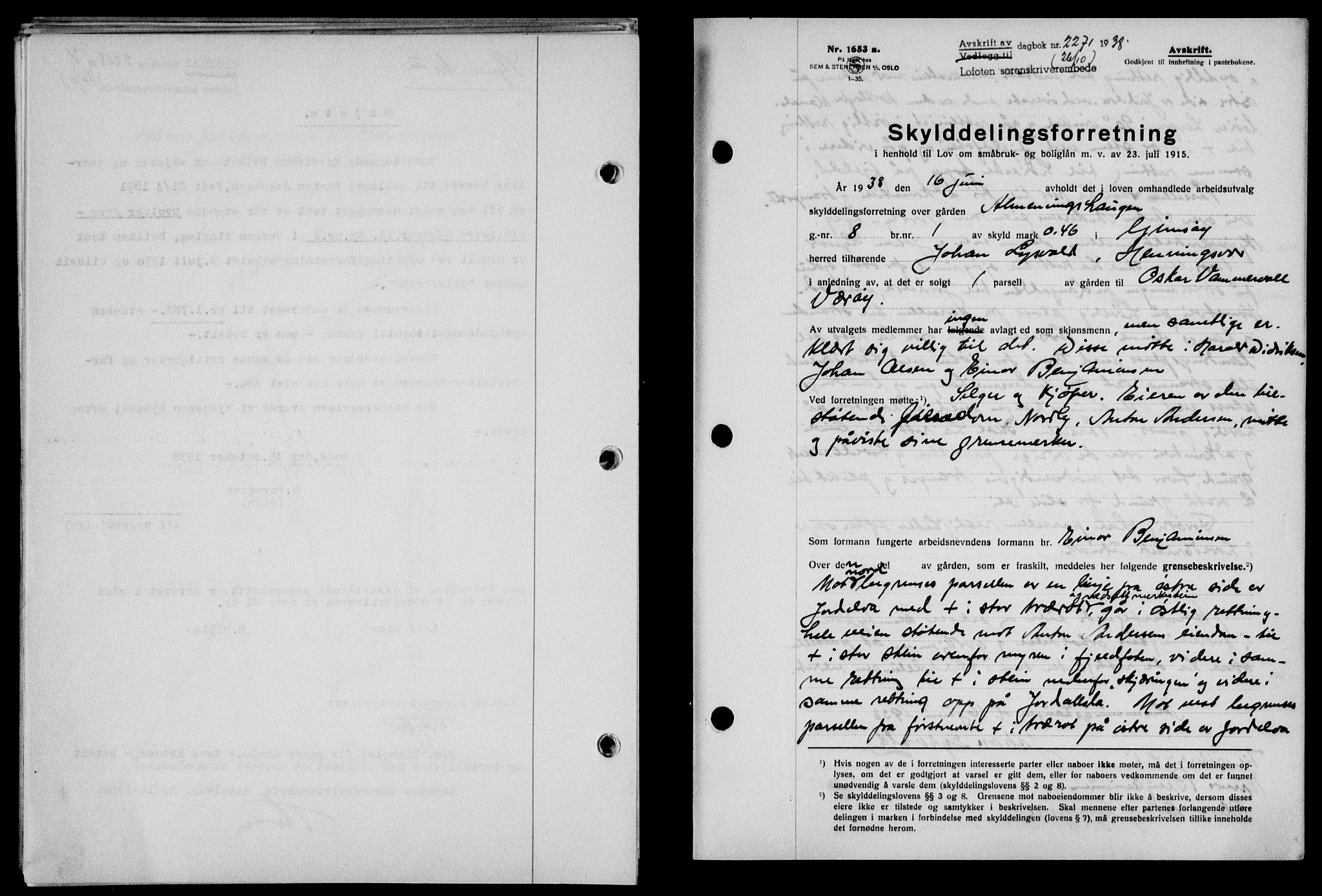 Lofoten sorenskriveri, SAT/A-0017/1/2/2C/L0004a: Mortgage book no. 4a, 1938-1938, Diary no: : 2271/1938