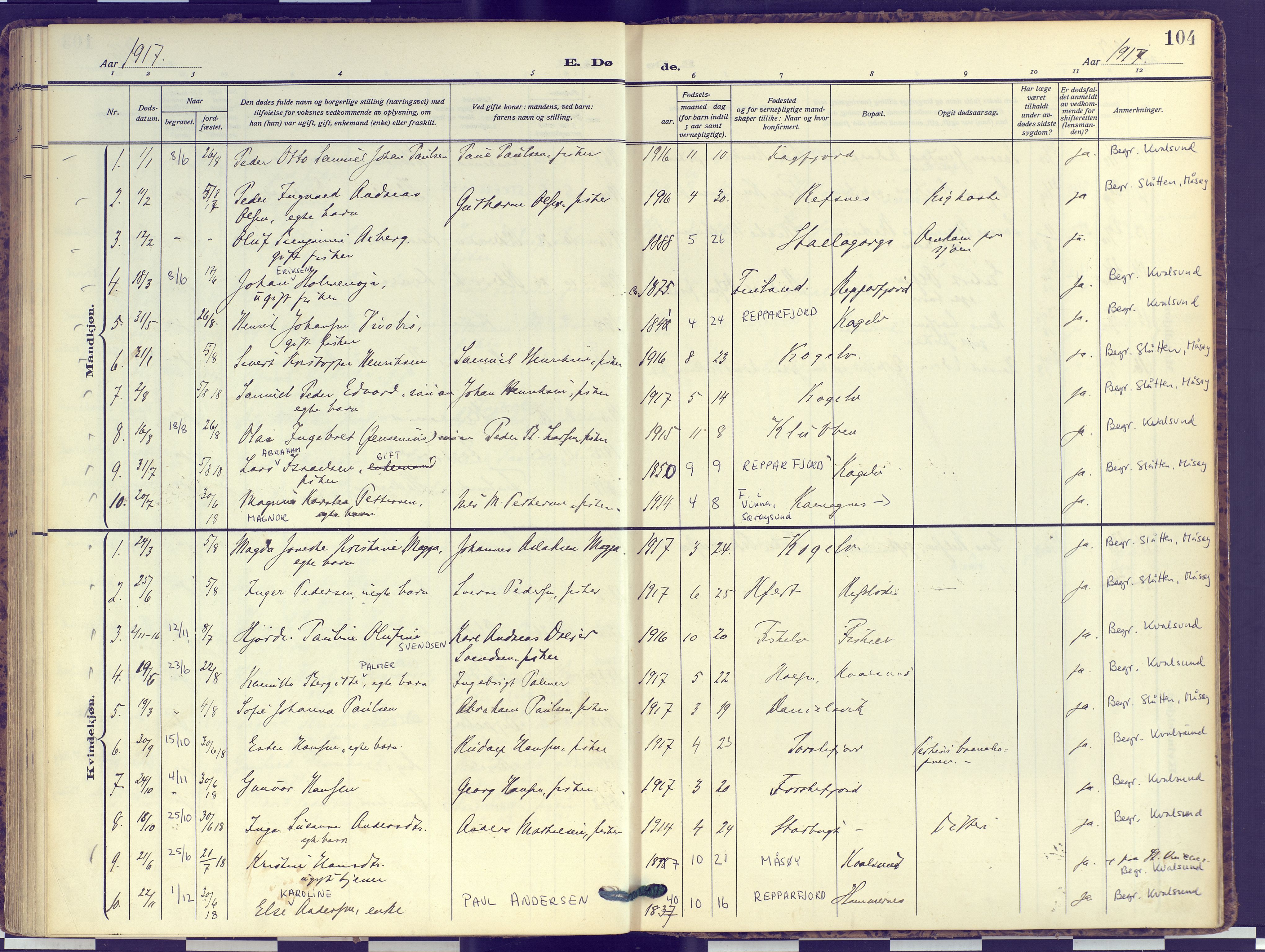Hammerfest sokneprestkontor, SATØ/S-1347: Parish register (official) no. 16, 1908-1923, p. 104