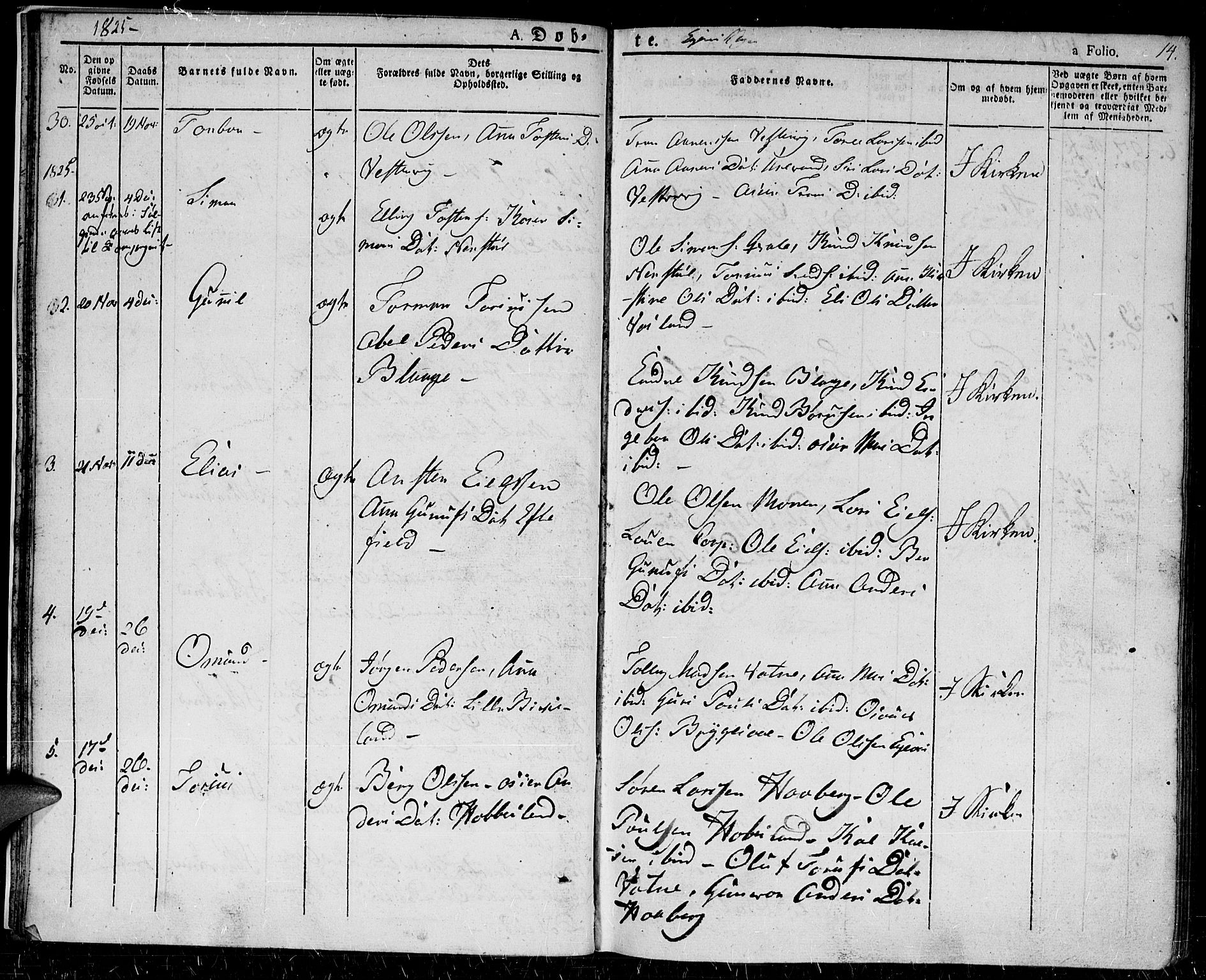 Hægebostad sokneprestkontor, SAK/1111-0024/F/Fa/Fab/L0001: Parish register (official) no. A 1, 1823-1867, p. 14