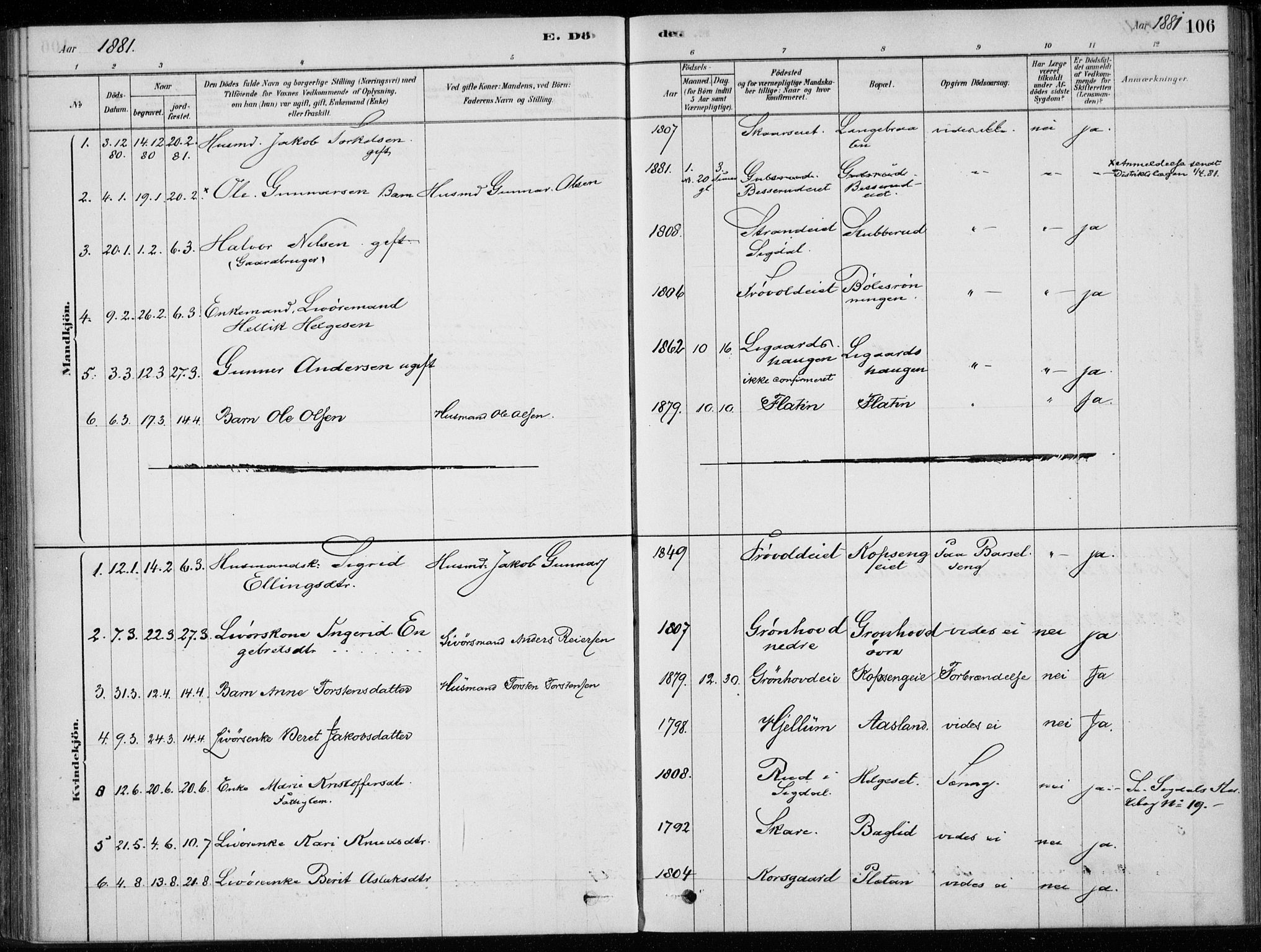 Sigdal kirkebøker, SAKO/A-245/F/Fc/L0001: Parish register (official) no. III 1, 1879-1893, p. 106