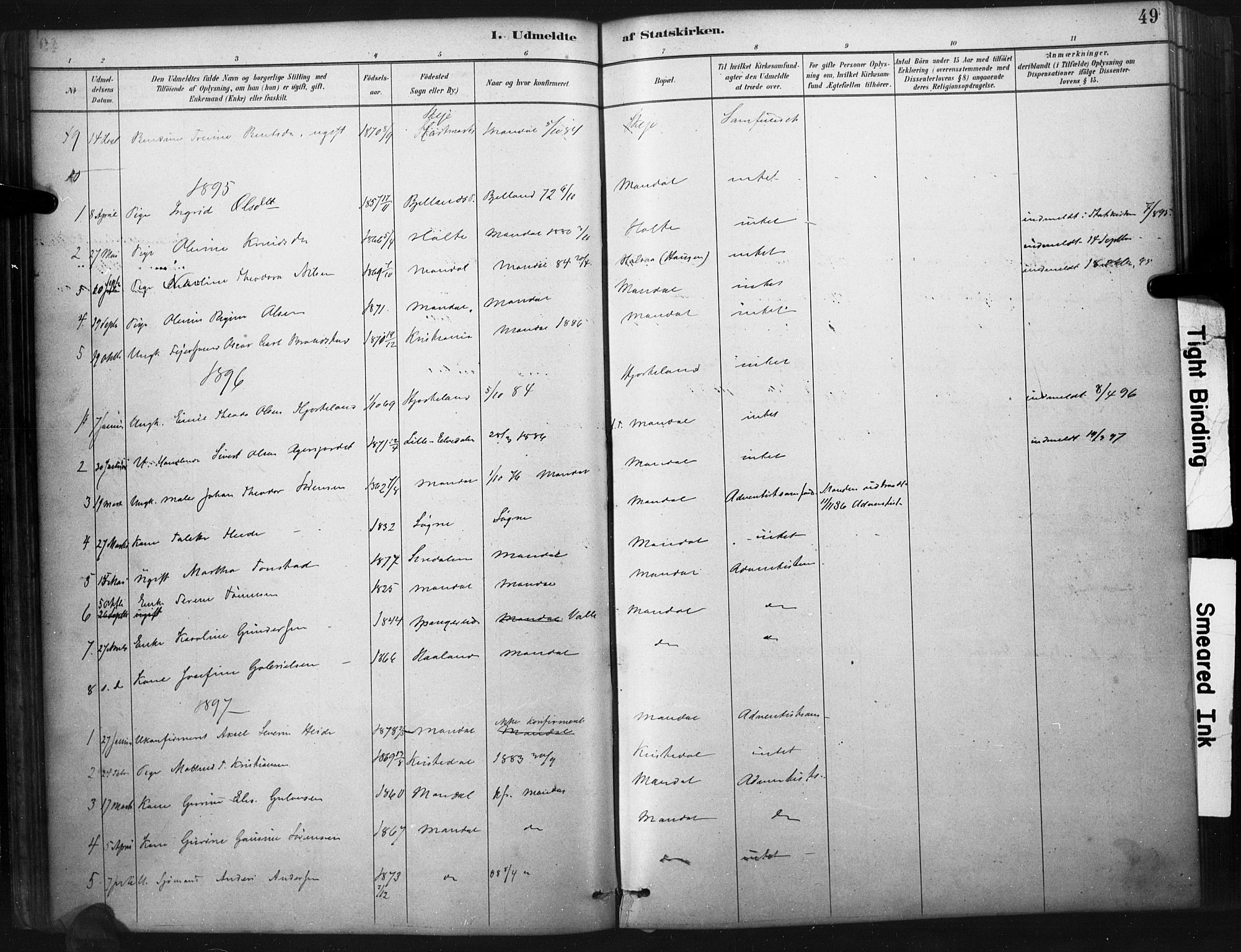 Mandal sokneprestkontor, AV/SAK-1111-0030/F/Fa/Faa/L0017: Parish register (official) no. A 17, 1880-1926, p. 49