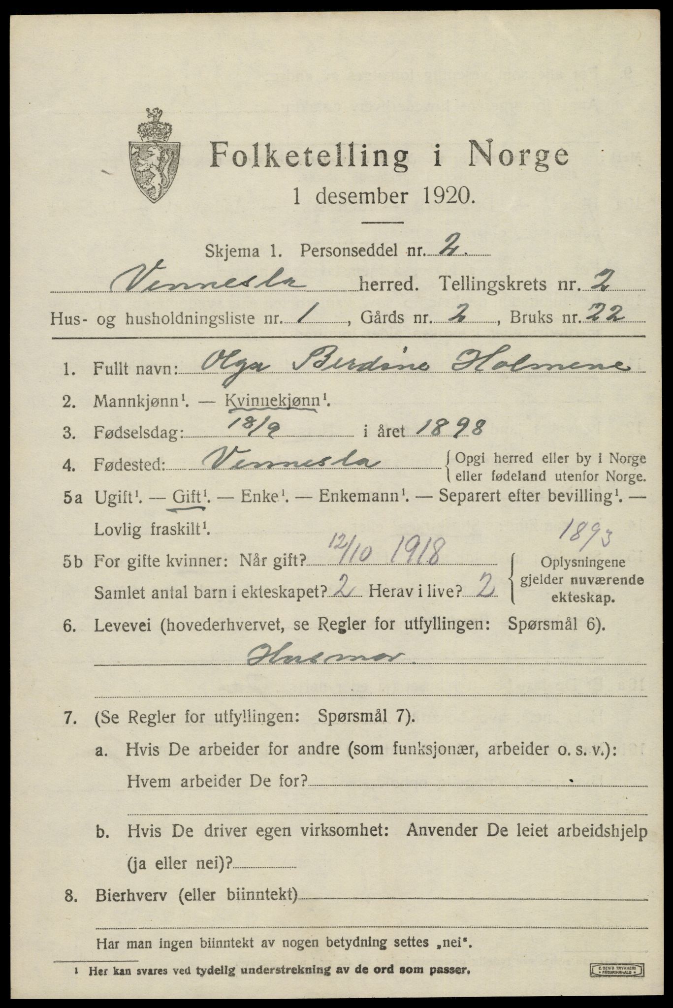 SAK, 1920 census for Vennesla, 1920, p. 1480