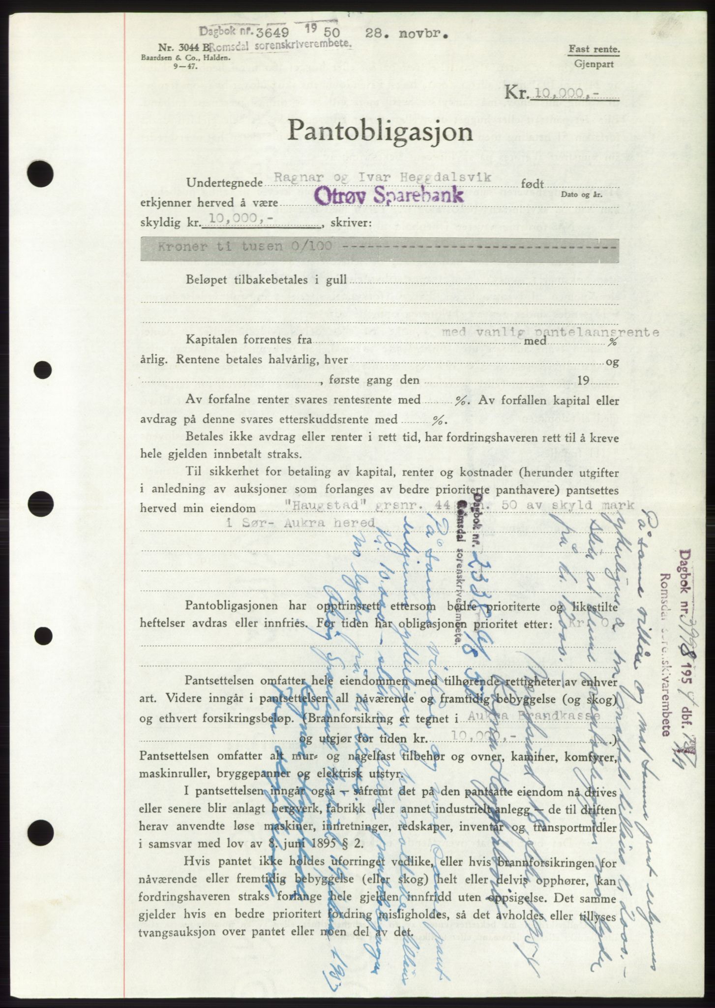 Romsdal sorenskriveri, AV/SAT-A-4149/1/2/2C: Mortgage book no. B5, 1949-1950, Diary no: : 3649/1950