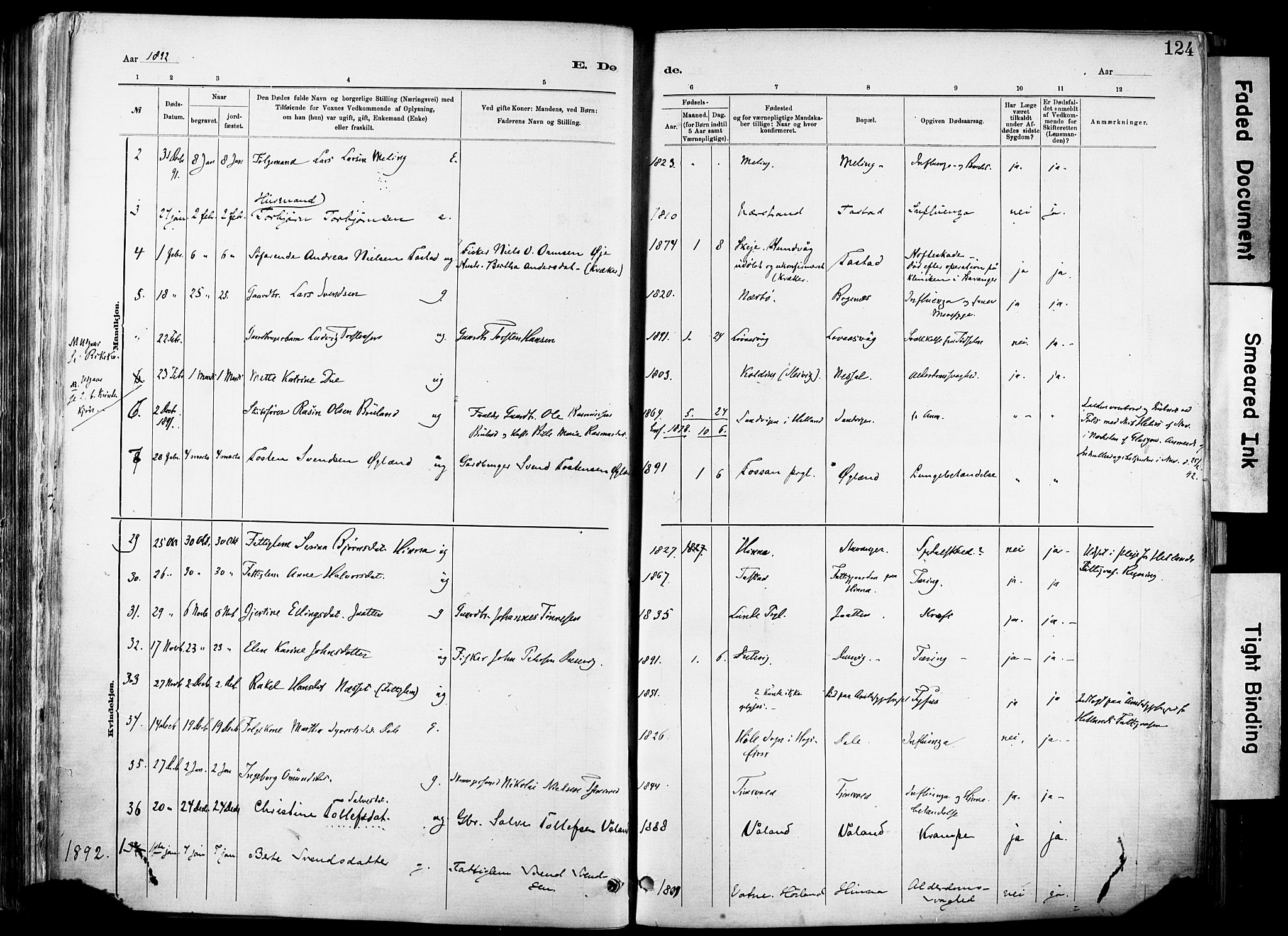 Hetland sokneprestkontor, SAST/A-101826/30/30BA/L0012: Parish register (official) no. A 12, 1882-1912, p. 124