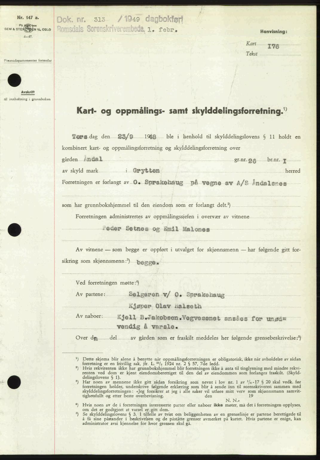 Romsdal sorenskriveri, AV/SAT-A-4149/1/2/2C: Mortgage book no. A28, 1948-1949, Diary no: : 313/1949