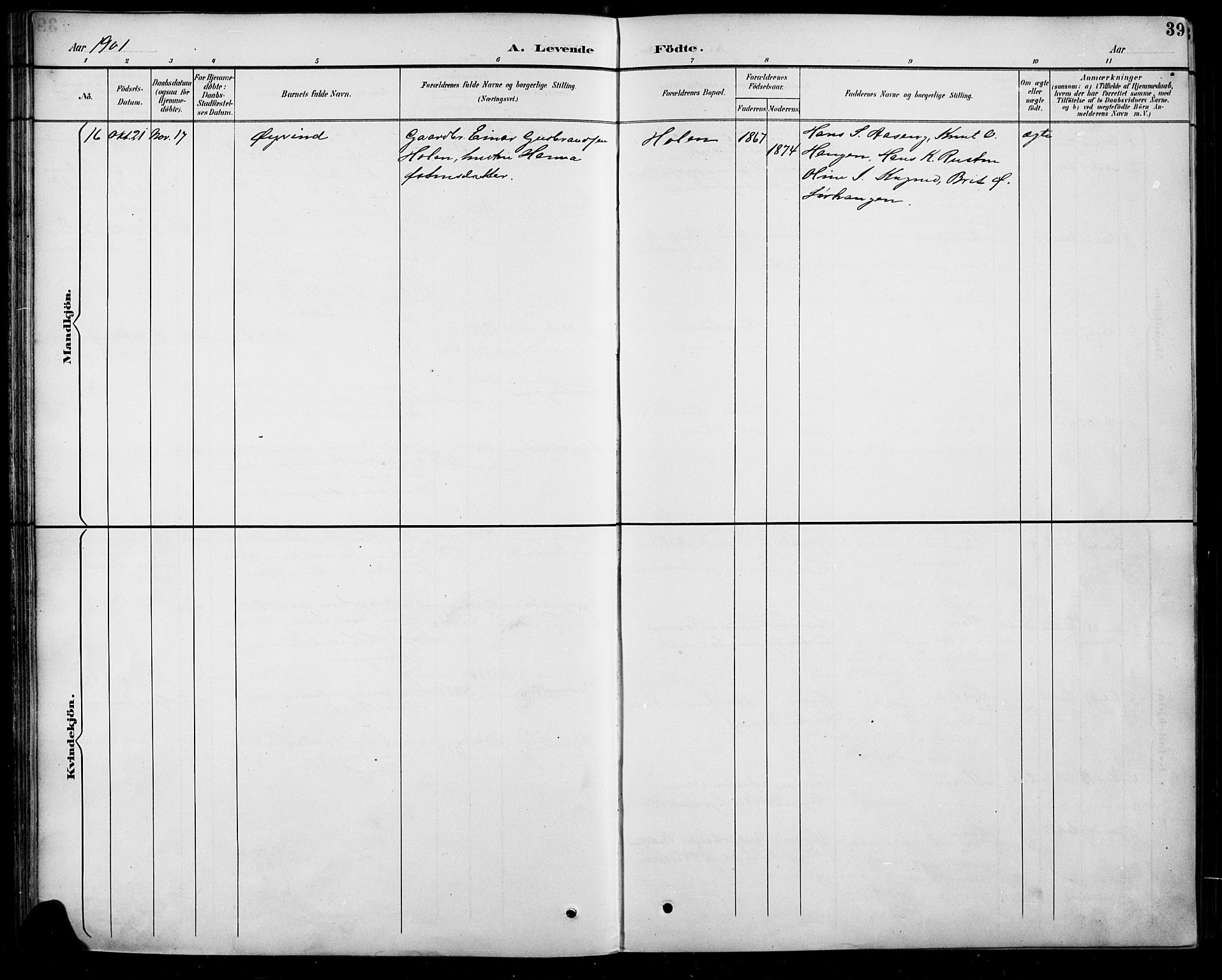 Sel prestekontor, SAH/PREST-074/H/Ha/Hab/L0005: Parish register (copy) no. 5, 1894-1923, p. 39