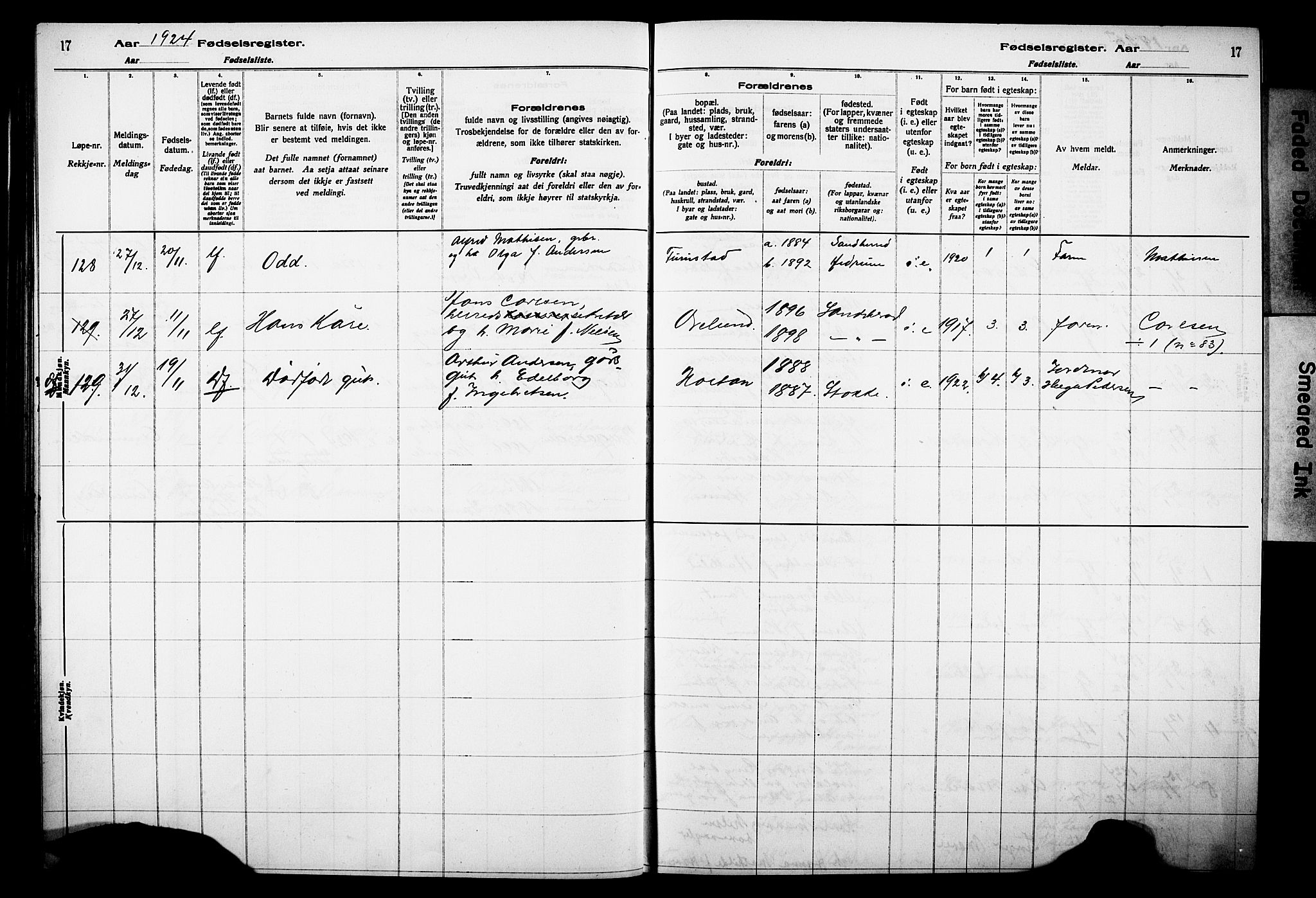 Sandar kirkebøker, SAKO/A-243/J/Ja/L0002: Birth register no. 2, 1922-1929, p. 17