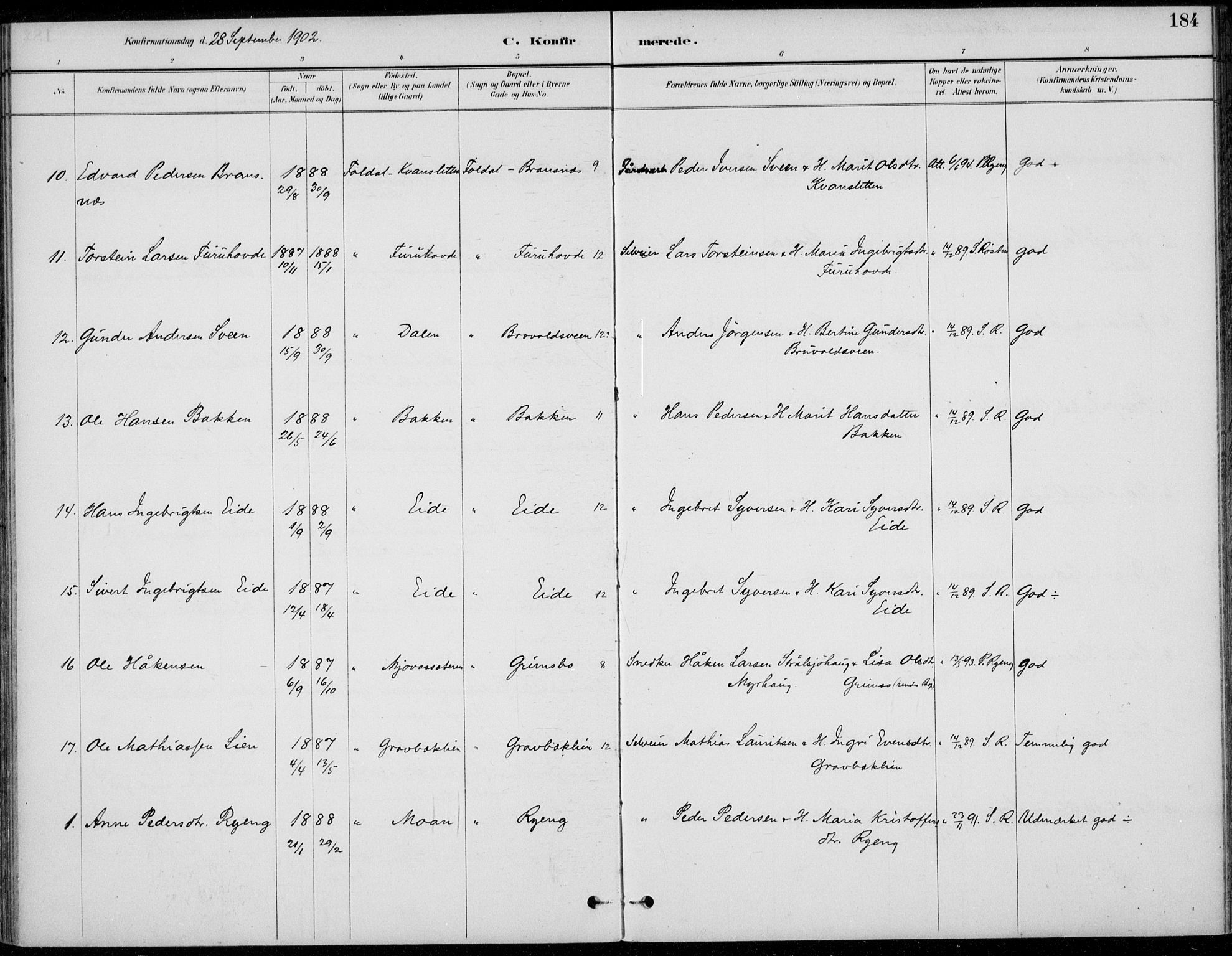 Alvdal prestekontor, AV/SAH-PREST-060/H/Ha/Haa/L0003: Parish register (official) no. 3, 1886-1912, p. 184