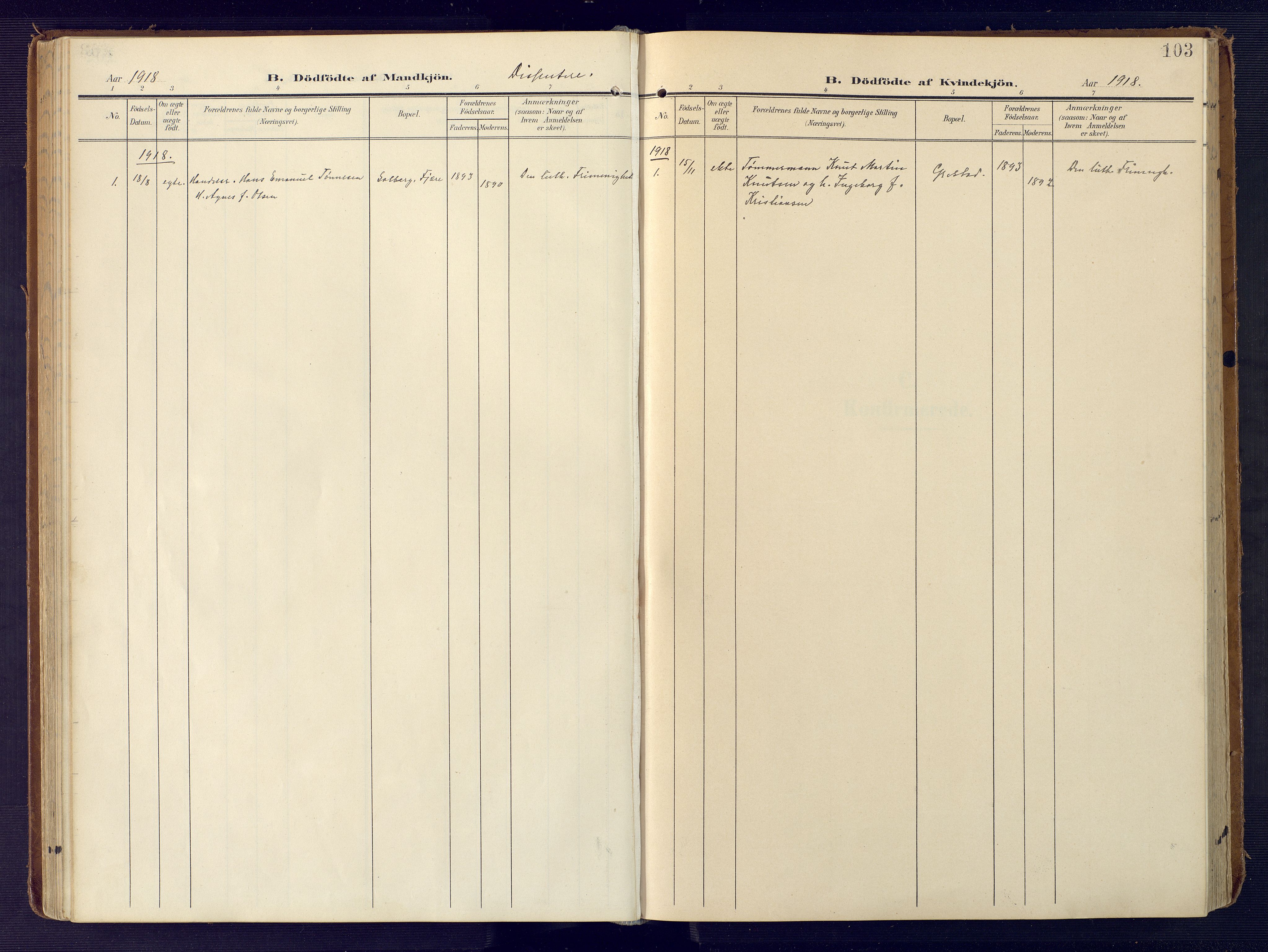 Grimstad sokneprestkontor, SAK/1111-0017/F/Fa/L0005: Parish register (official) no. A 4, 1911-1924, p. 103