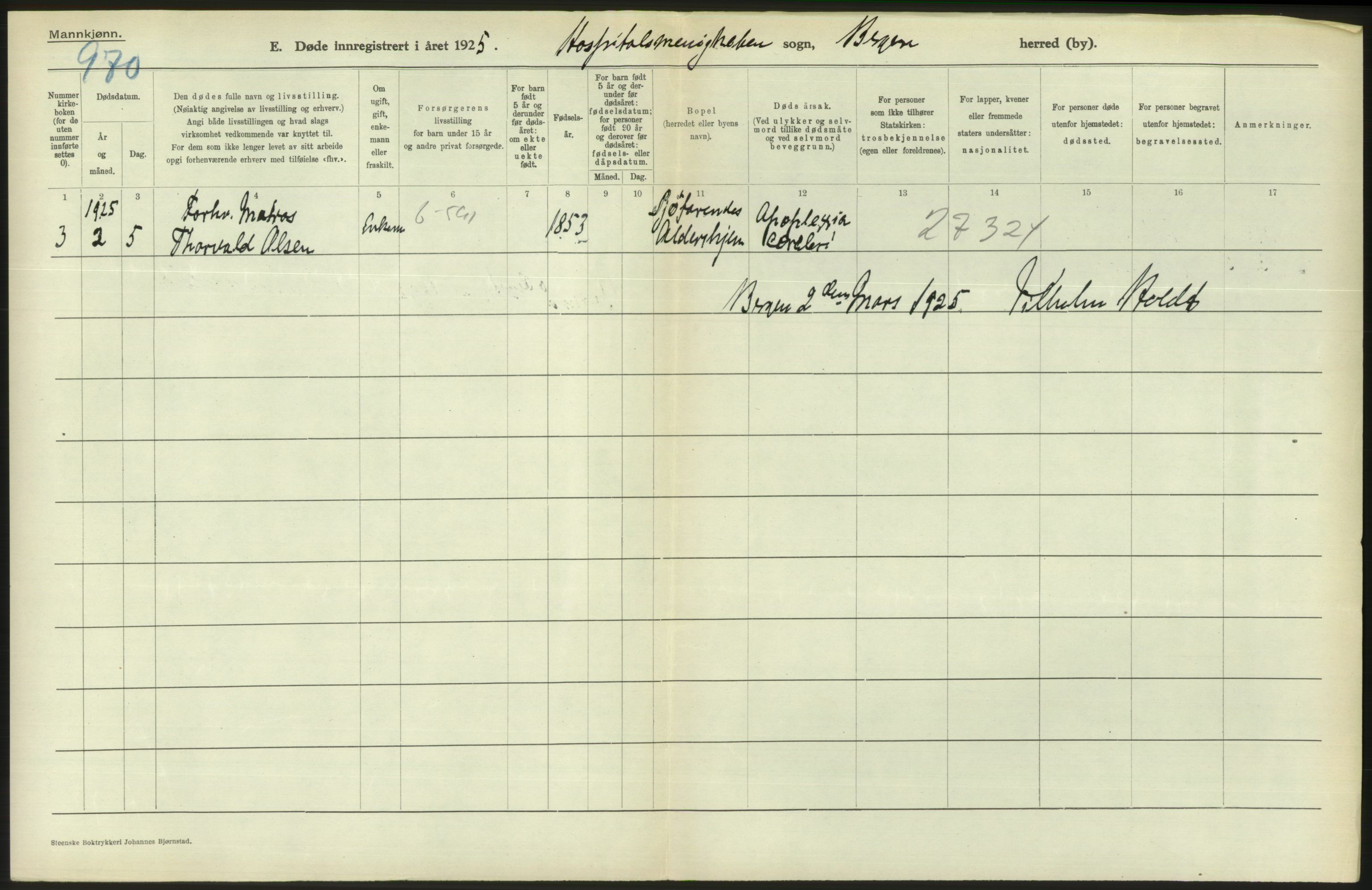 Statistisk sentralbyrå, Sosiodemografiske emner, Befolkning, RA/S-2228/D/Df/Dfc/Dfce/L0029: Bergen: Gifte, døde., 1925, p. 522