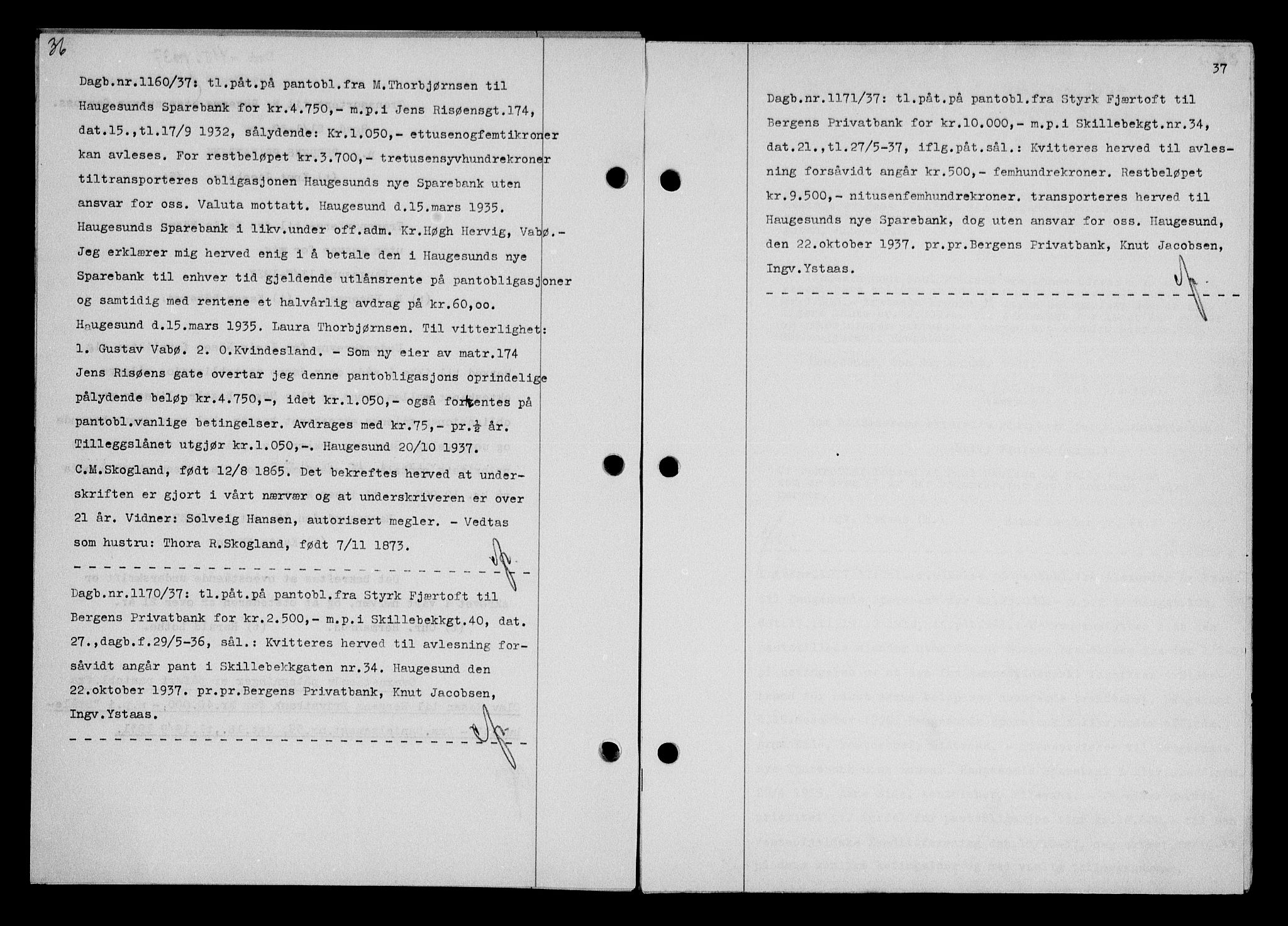 Haugesund tingrett, AV/SAST-A-101415/01/II/IIC/L0031: Mortgage book no. 31, 1936-1938, Diary no: : 1160/1937