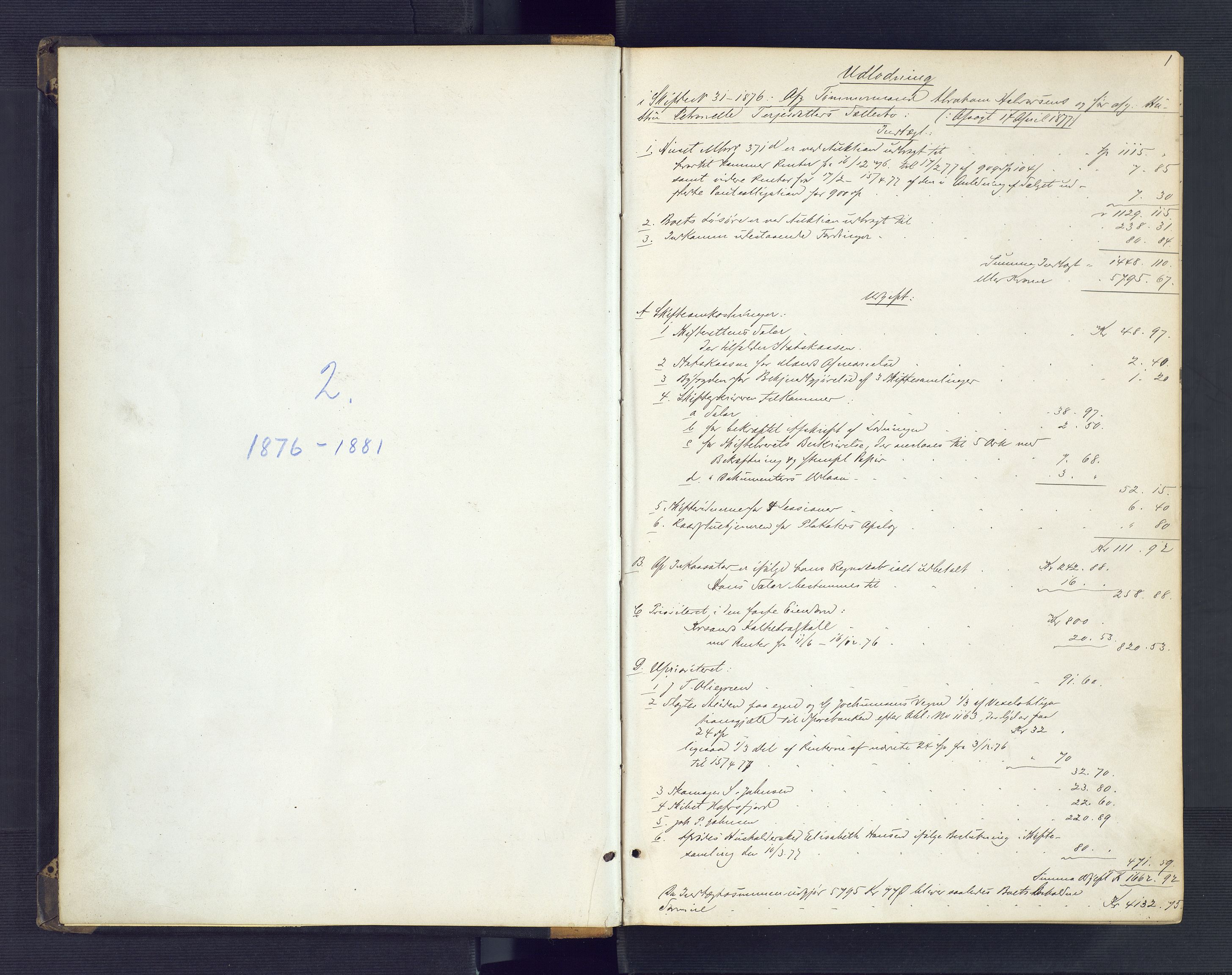 Kristiansand byrett, AV/SAK-1223-0001/H/Hc/L0056: Skifteutlodningsprotokoll nr. 2, med register, 1876-1881, p. 1