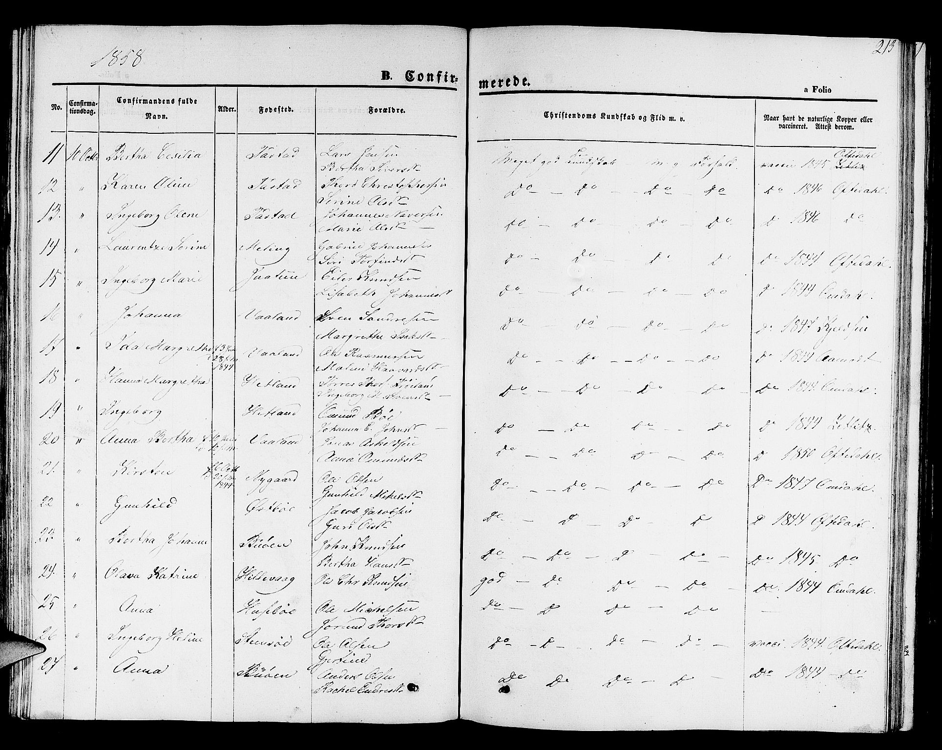 Hetland sokneprestkontor, AV/SAST-A-101826/30/30BB/L0001: Parish register (copy) no. B 1, 1850-1868, p. 213