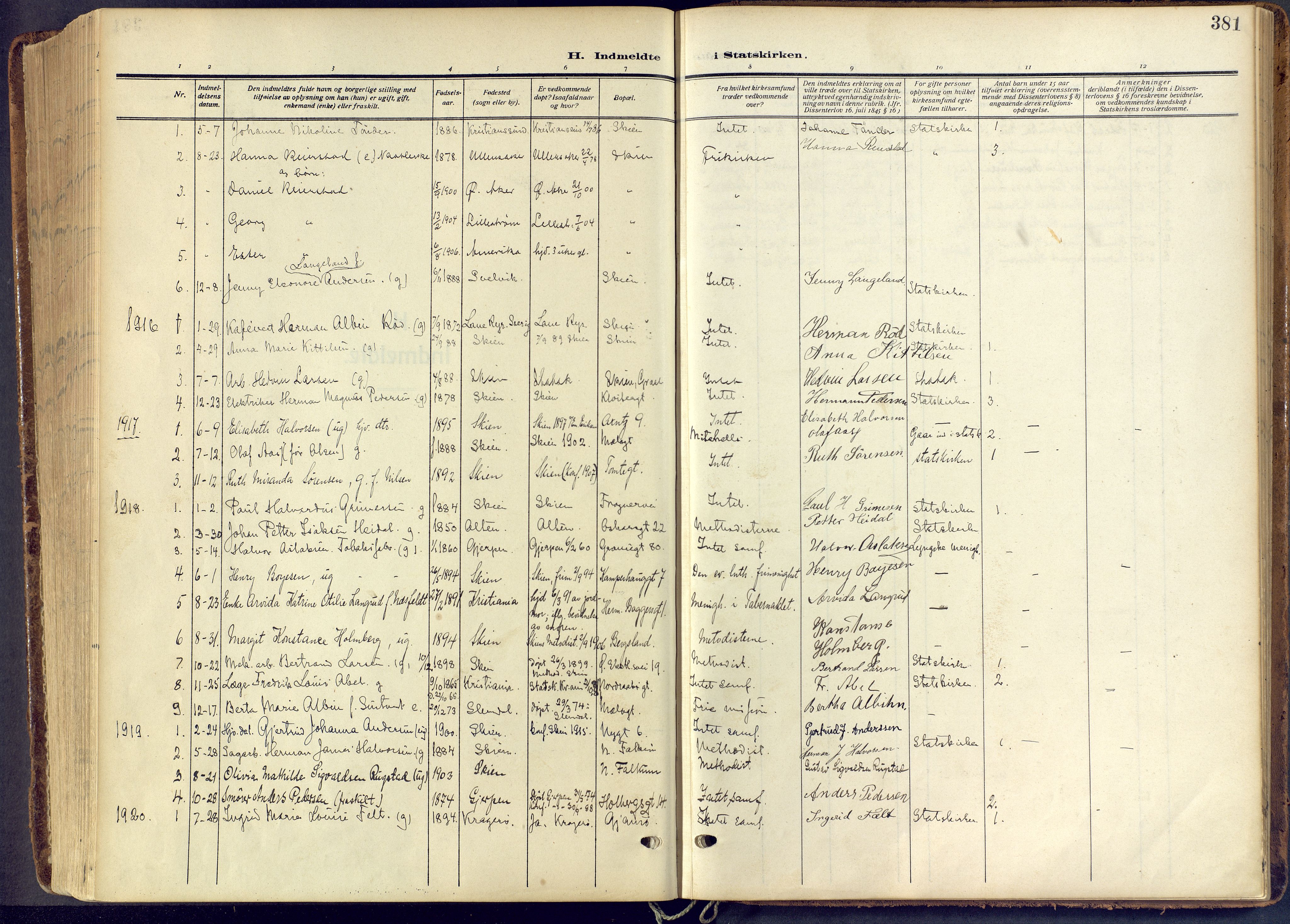 Skien kirkebøker, SAKO/A-302/F/Fa/L0013: Parish register (official) no. 13, 1915-1921, p. 381