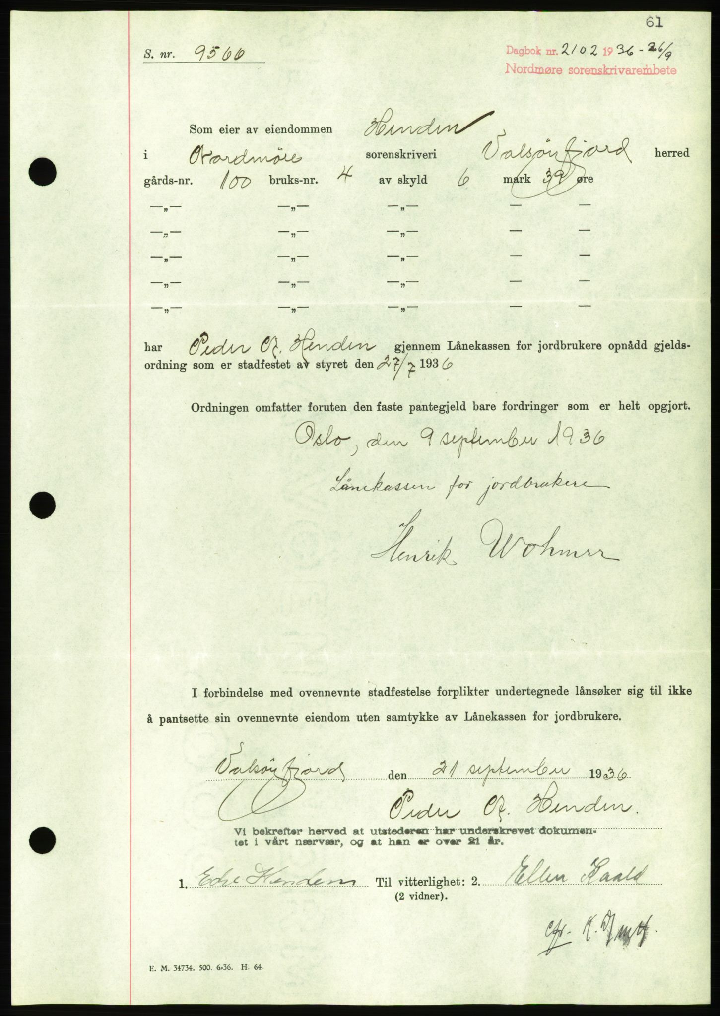 Nordmøre sorenskriveri, AV/SAT-A-4132/1/2/2Ca/L0090: Mortgage book no. B80, 1936-1937, Diary no: : 2102/1936