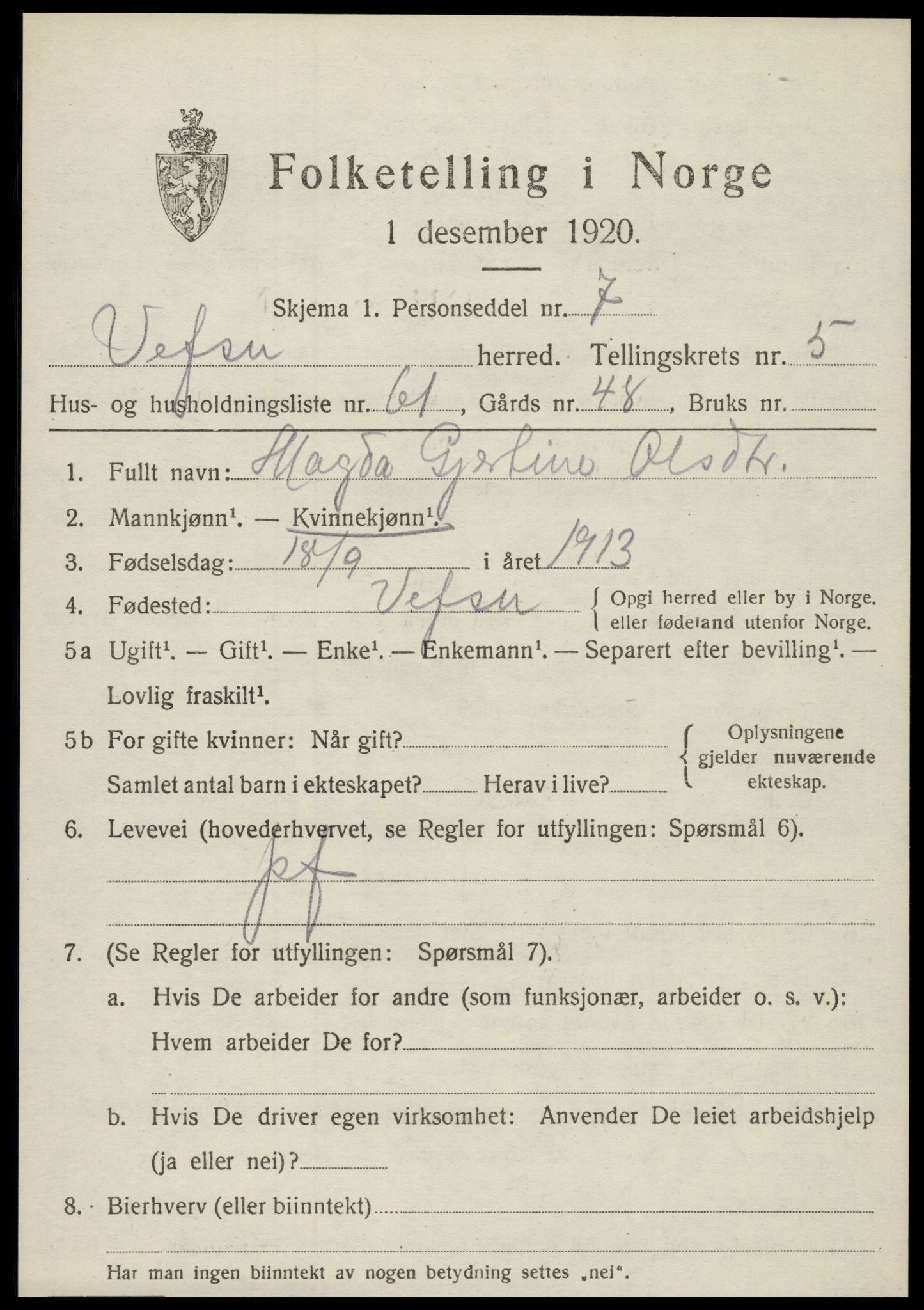 SAT, 1920 census for Vefsn, 1920, p. 4099