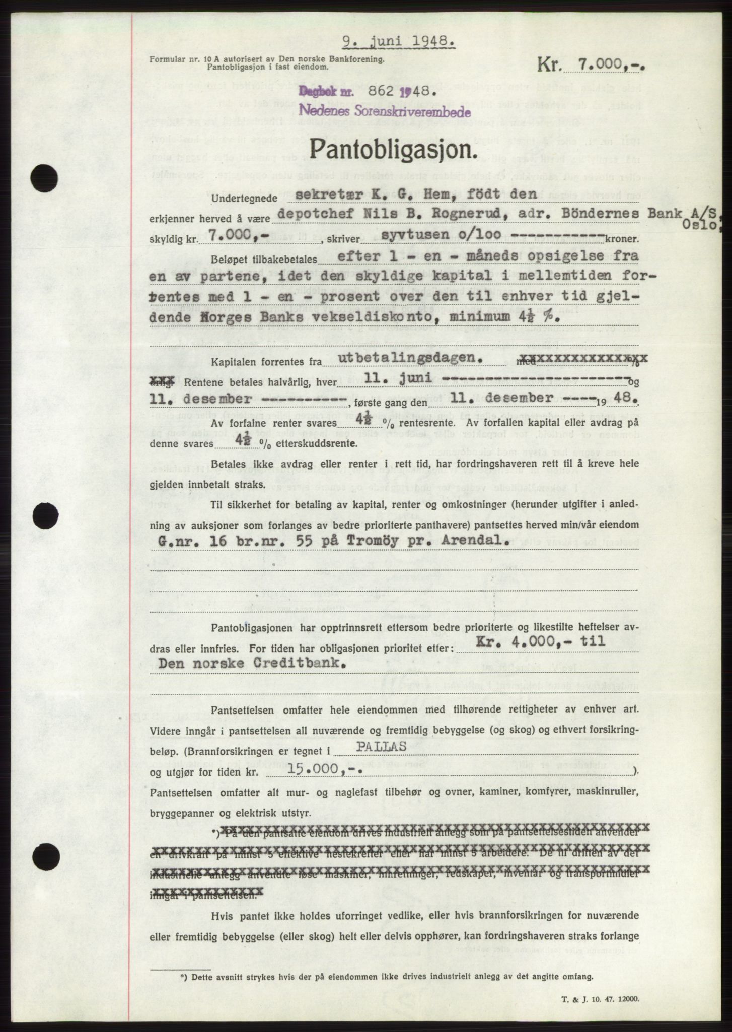 Nedenes sorenskriveri, AV/SAK-1221-0006/G/Gb/Gbb/L0005: Mortgage book no. B5, 1948-1948, Diary no: : 862/1948