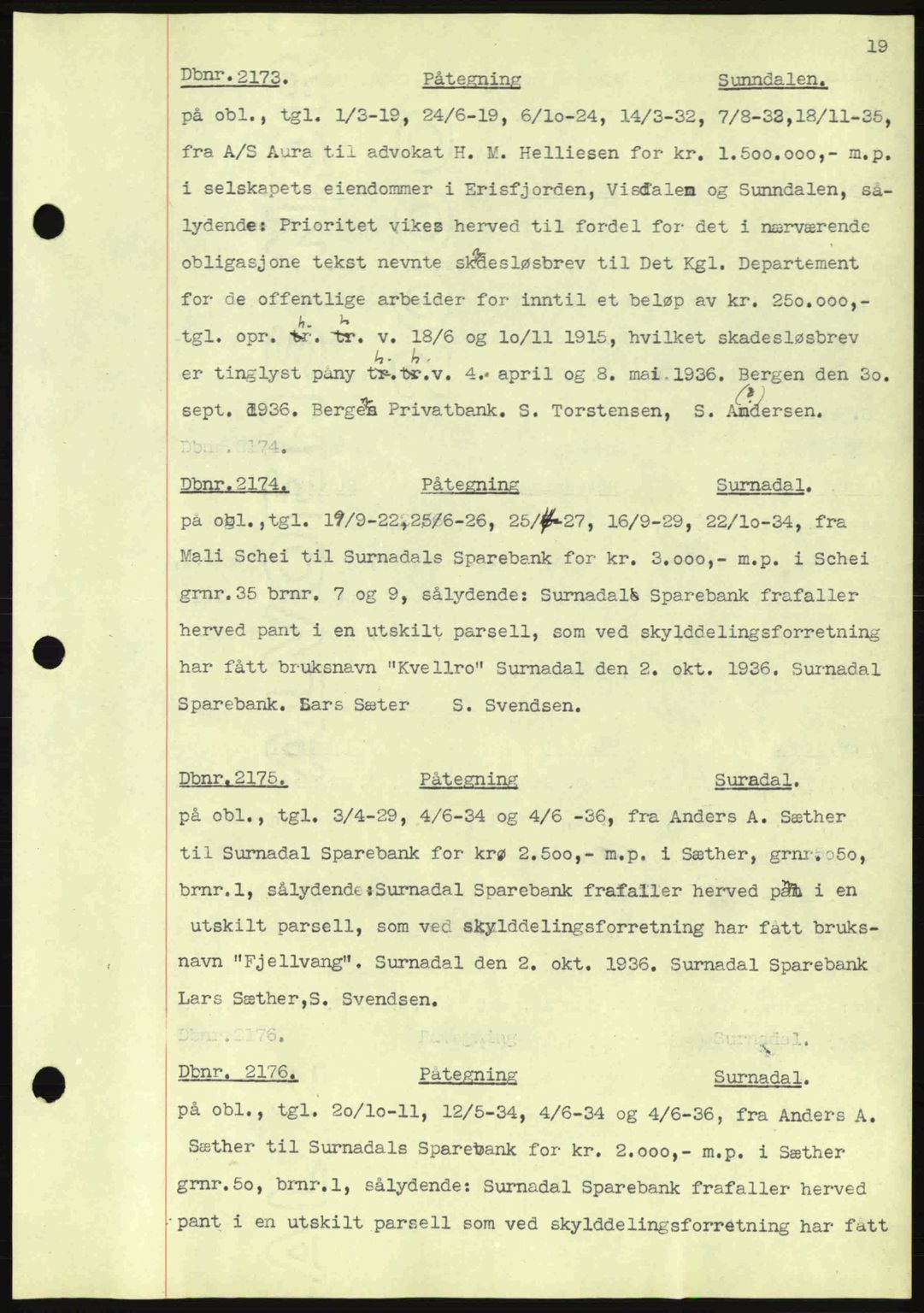 Nordmøre sorenskriveri, AV/SAT-A-4132/1/2/2Ca: Mortgage book no. C80, 1936-1939, Diary no: : 2173/1936