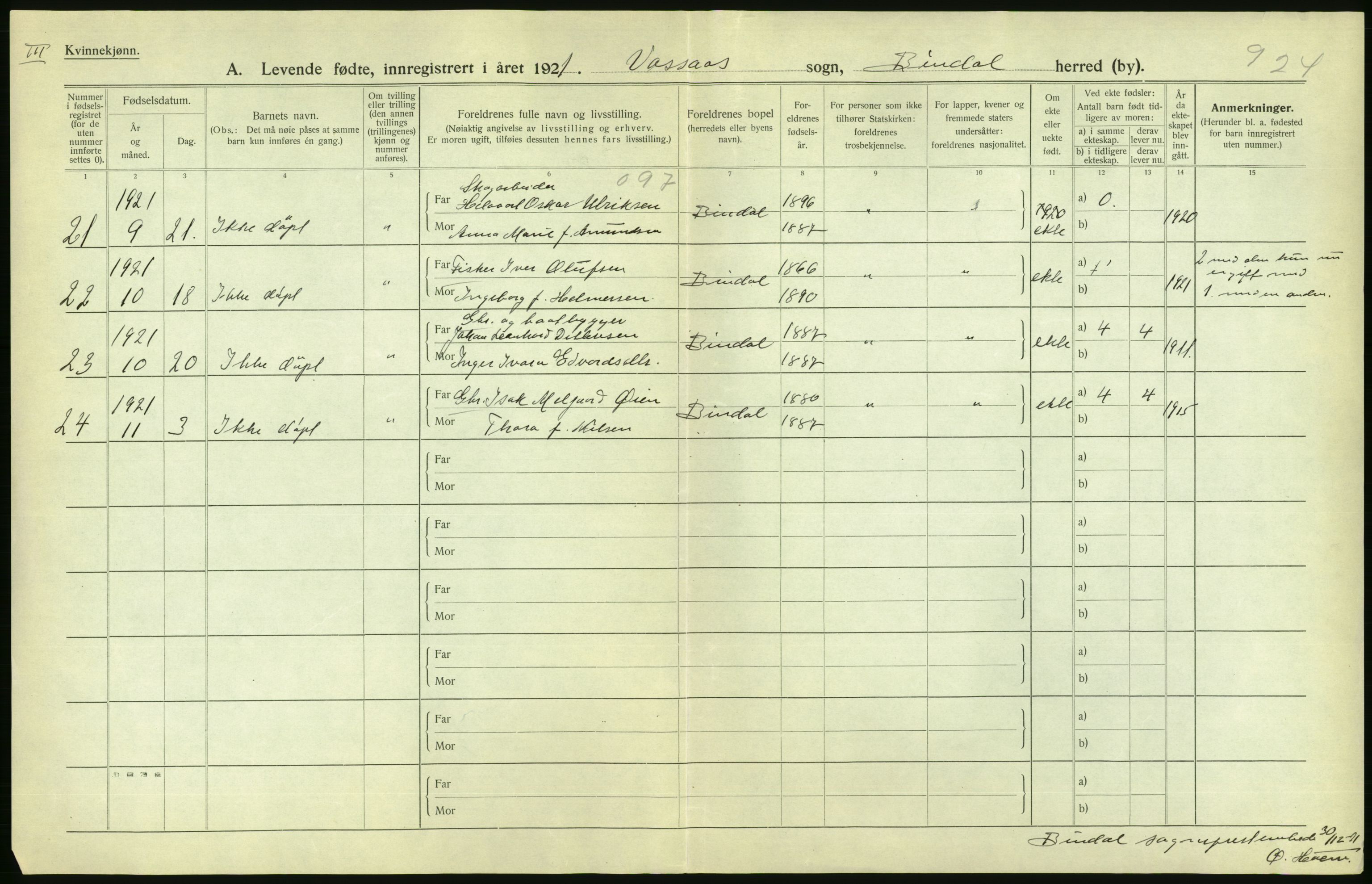 Statistisk sentralbyrå, Sosiodemografiske emner, Befolkning, AV/RA-S-2228/D/Df/Dfc/Dfca/L0049: Nordland fylke: Levendefødte menn og kvinner. Bygder., 1921, p. 6