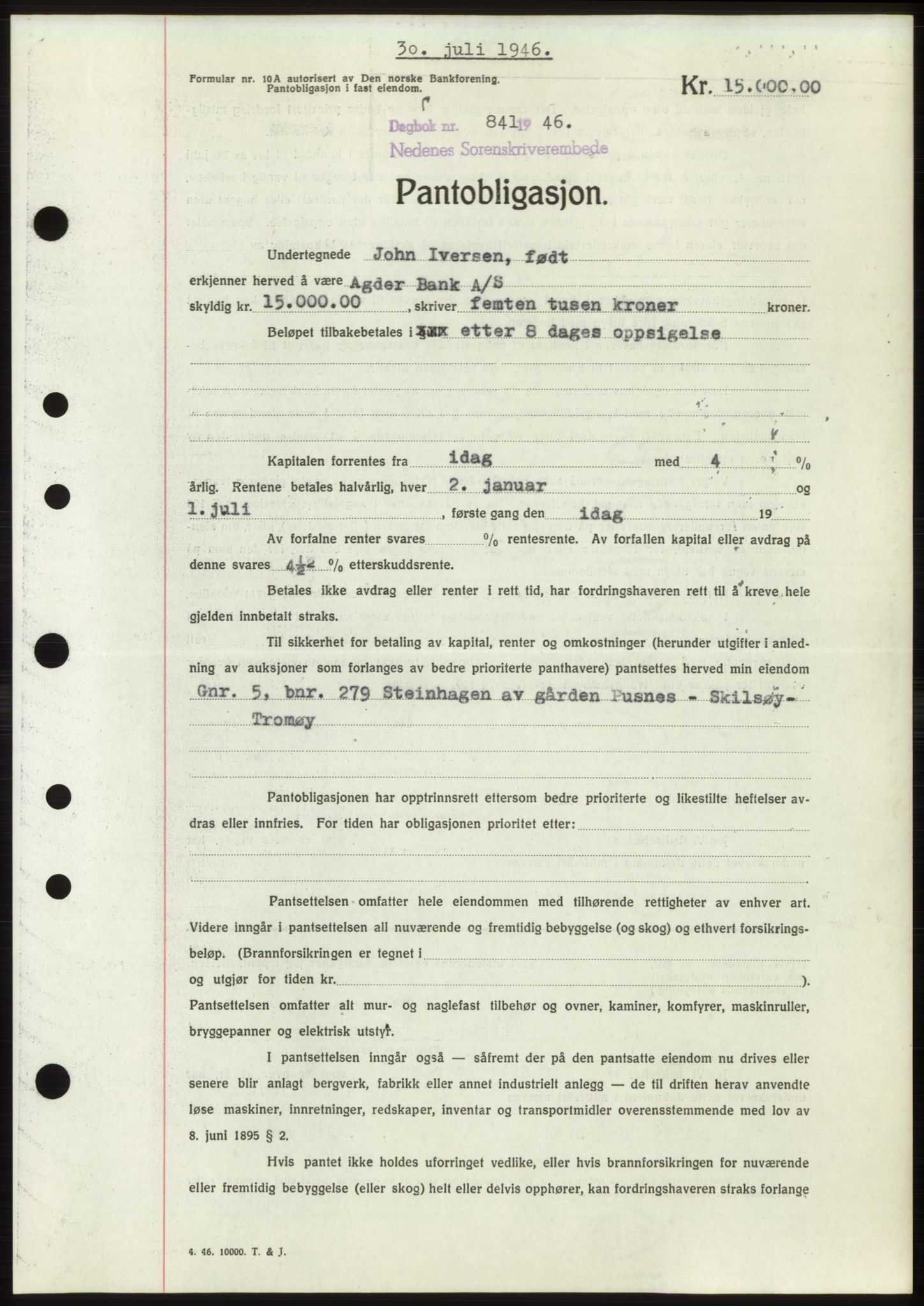 Nedenes sorenskriveri, SAK/1221-0006/G/Gb/Gbb/L0003: Mortgage book no. B3b, 1946-1946, Diary no: : 841/1946
