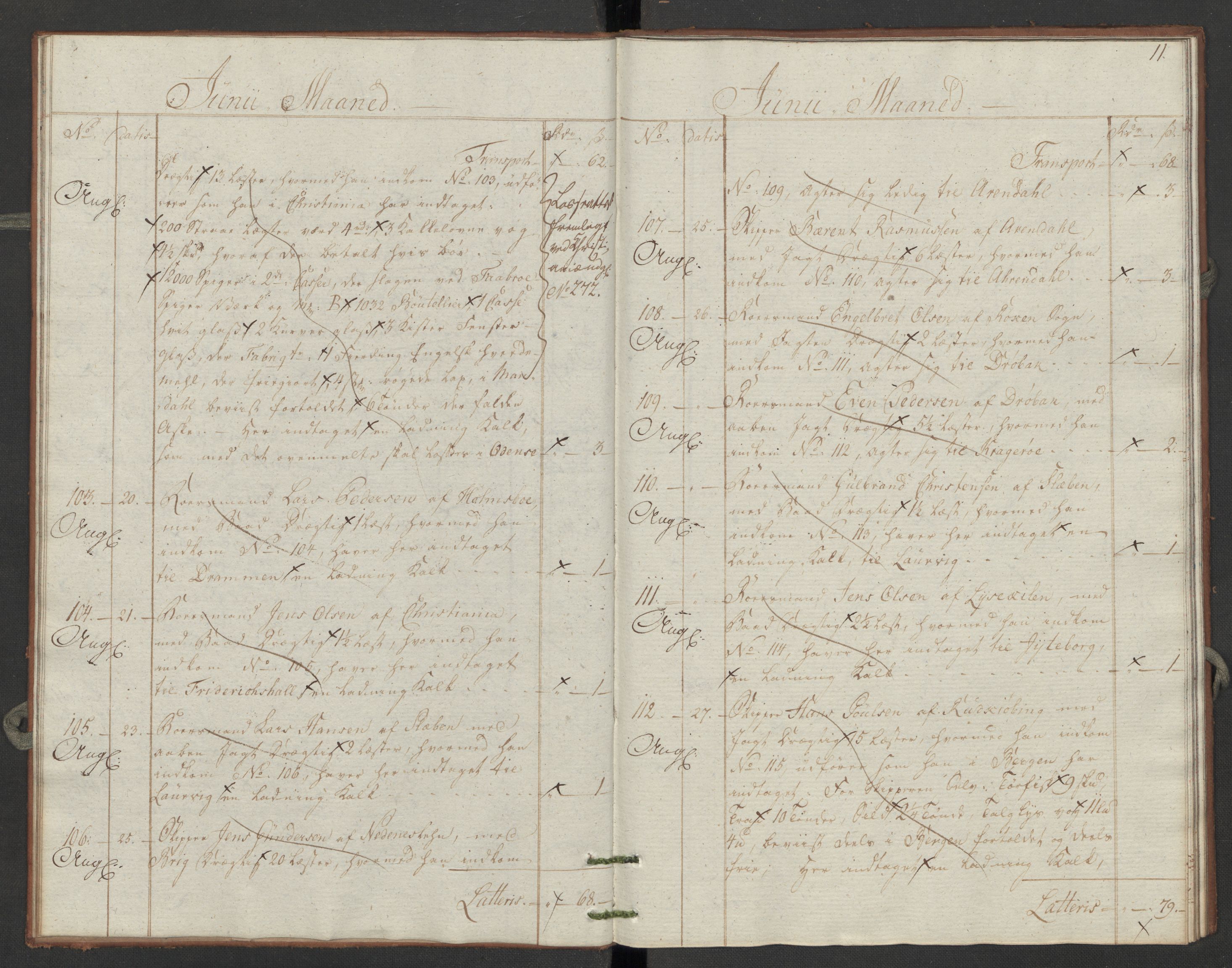 Generaltollkammeret, tollregnskaper, AV/RA-EA-5490/R06/L0196/0002: Tollregnskaper Kristiania / Utgående tollbok Slependen, 1794, p. 10b-11a