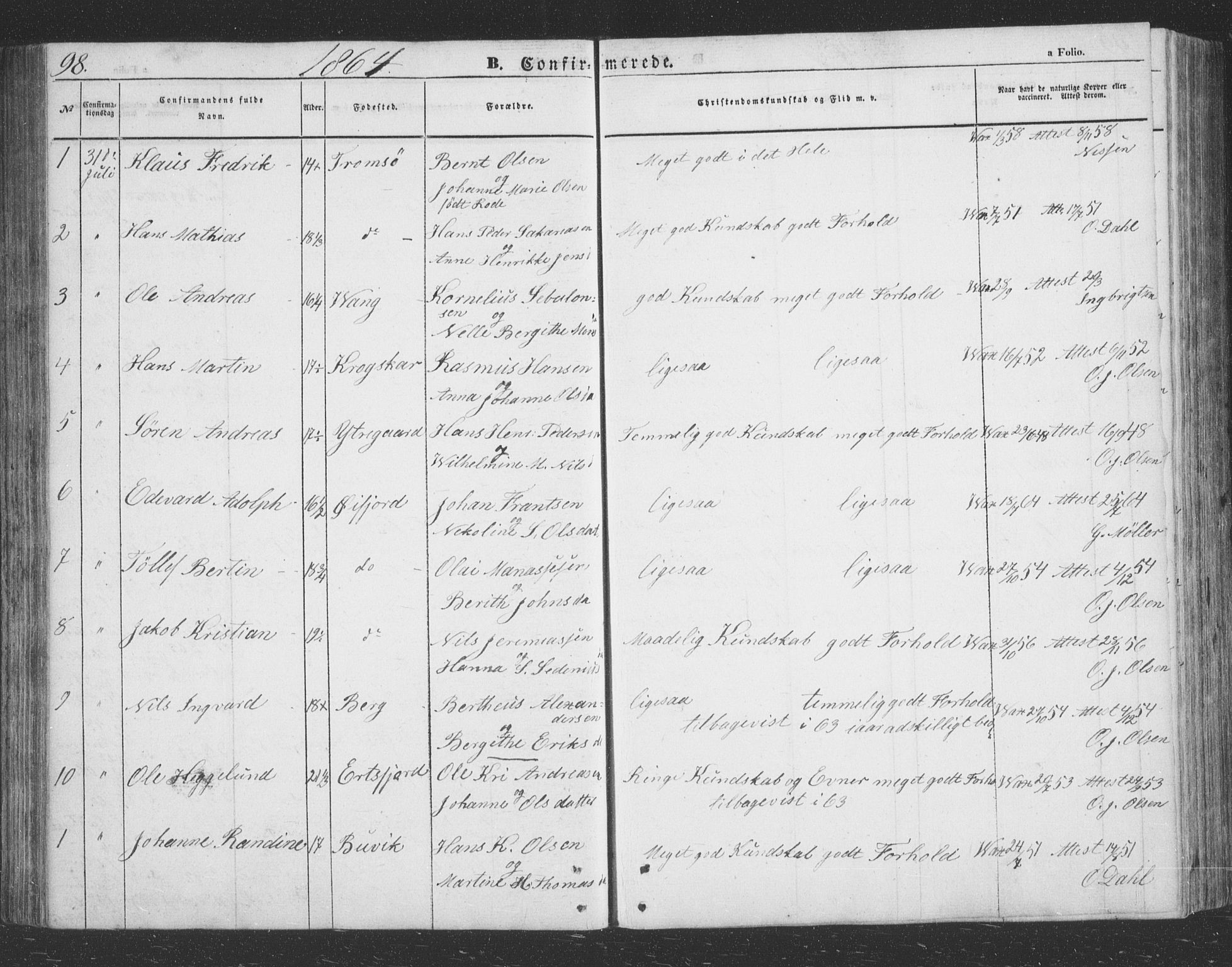 Lenvik sokneprestembete, SATØ/S-1310/H/Ha/Hab/L0020klokker: Parish register (copy) no. 20, 1855-1883, p. 98