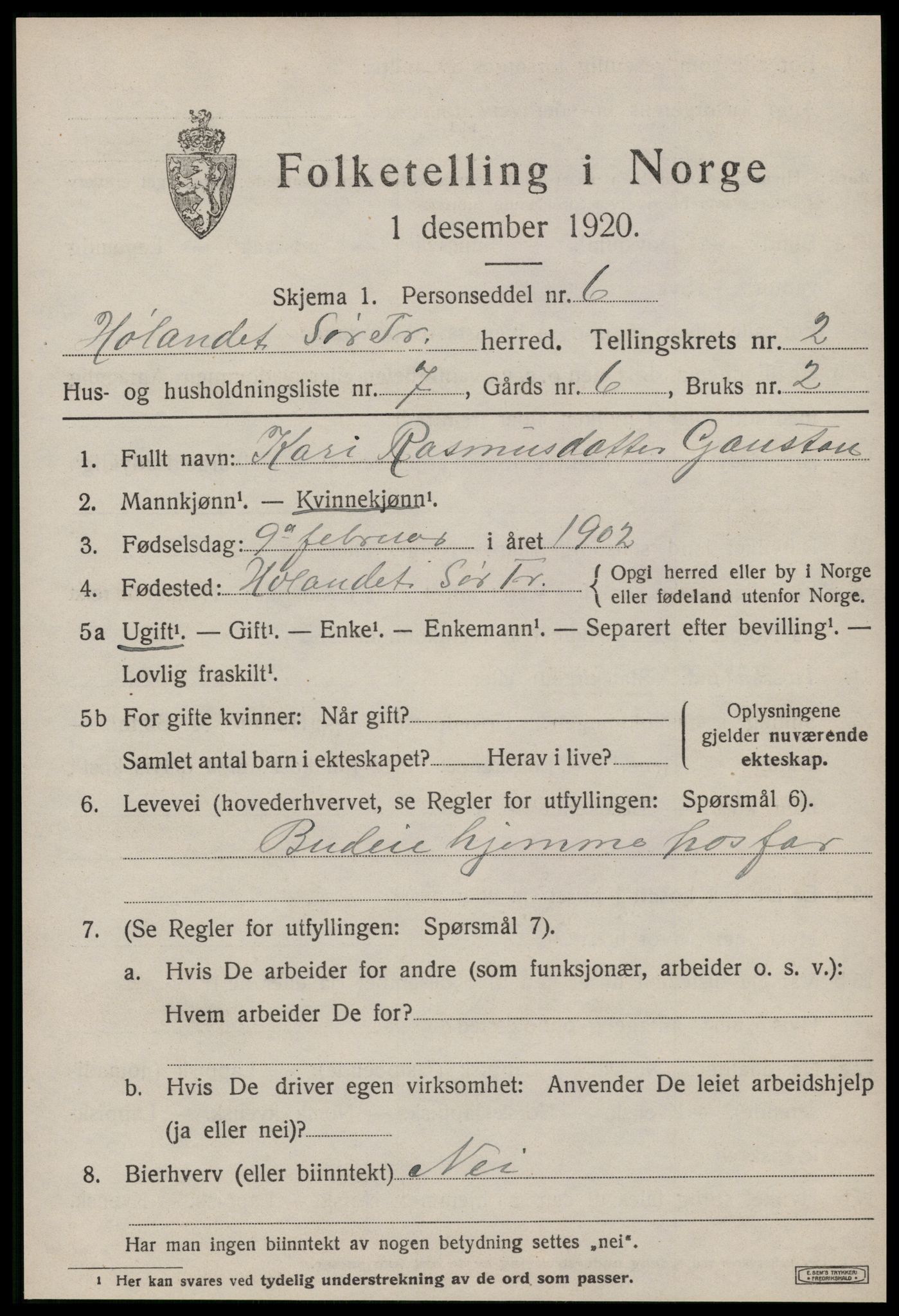 SAT, 1920 census for Hølonda, 1920, p. 603