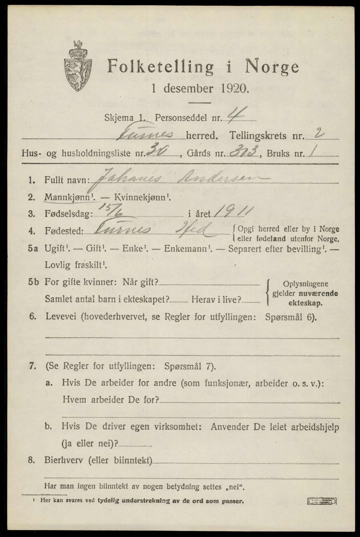 SAH, 1920 census for Furnes, 1920, p. 3407