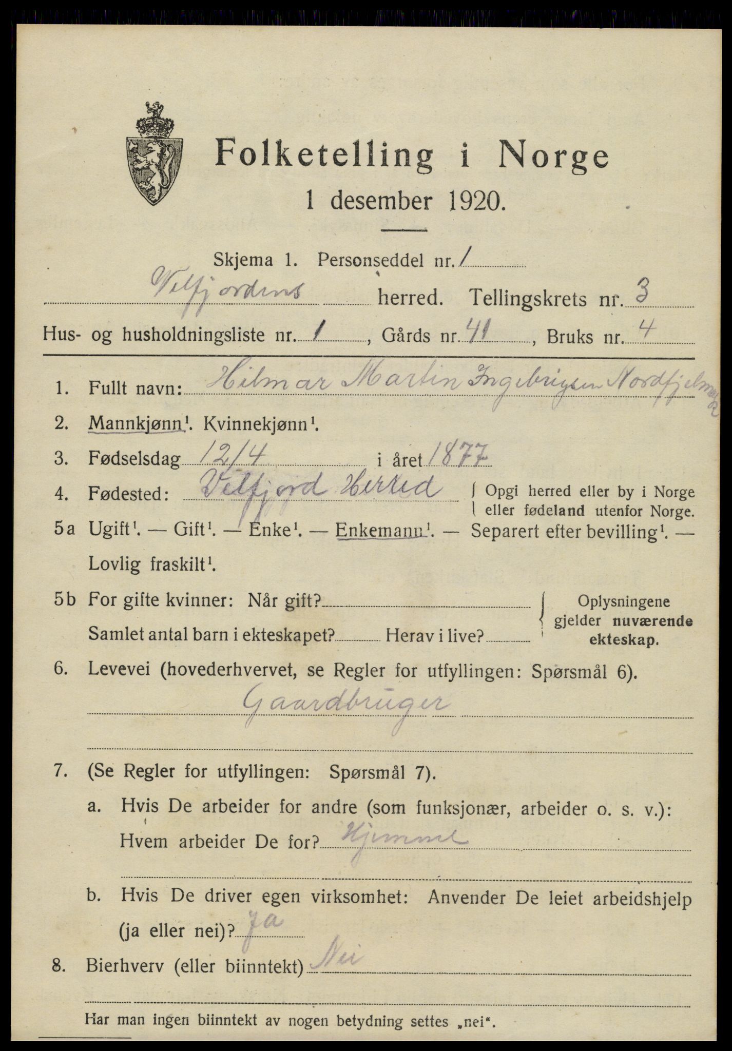 SAT, 1920 census for Velfjord, 1920, p. 2137