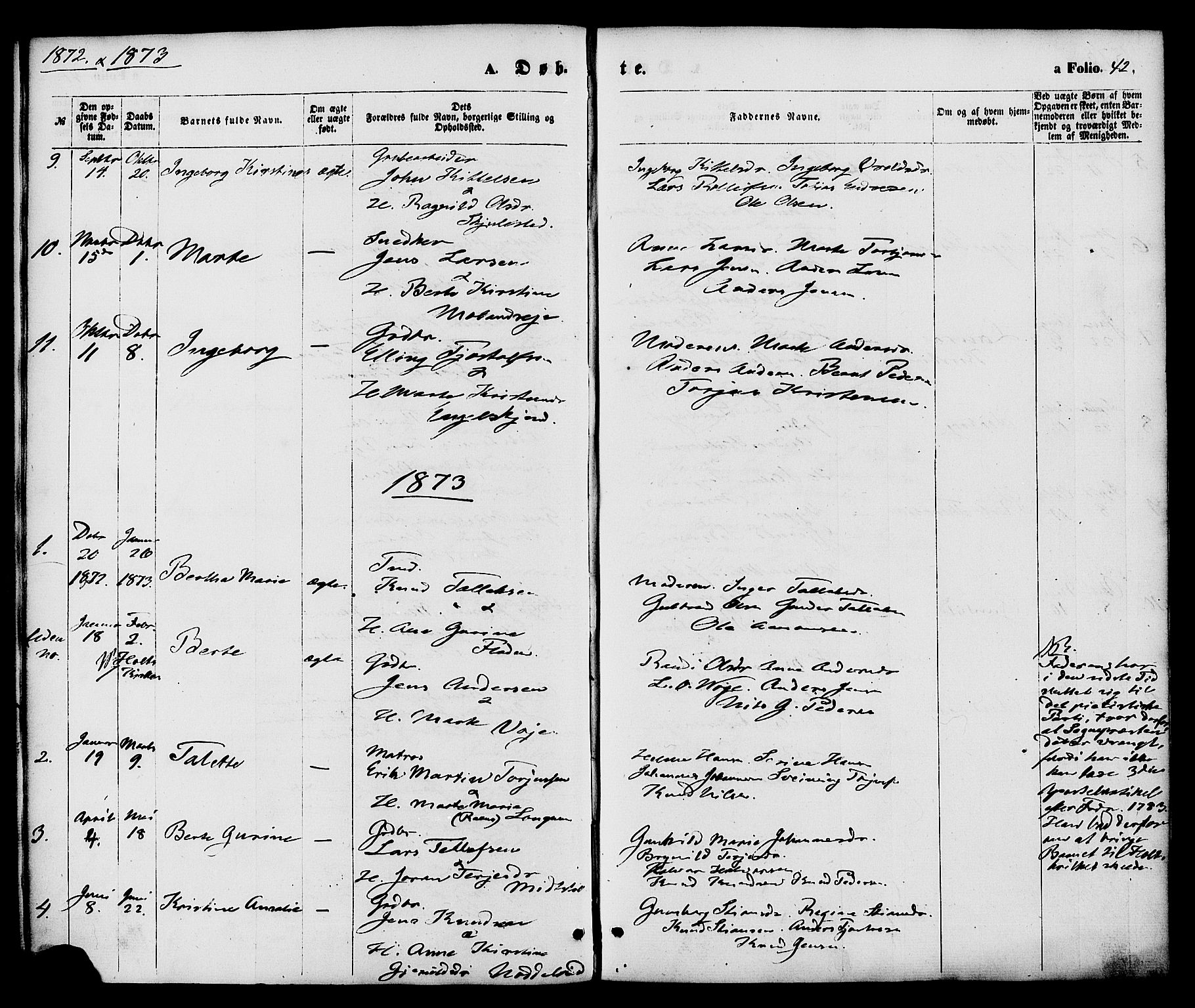 Austre Moland sokneprestkontor, SAK/1111-0001/F/Fa/Faa/L0009: Parish register (official) no. A 9, 1869-1879, p. 42