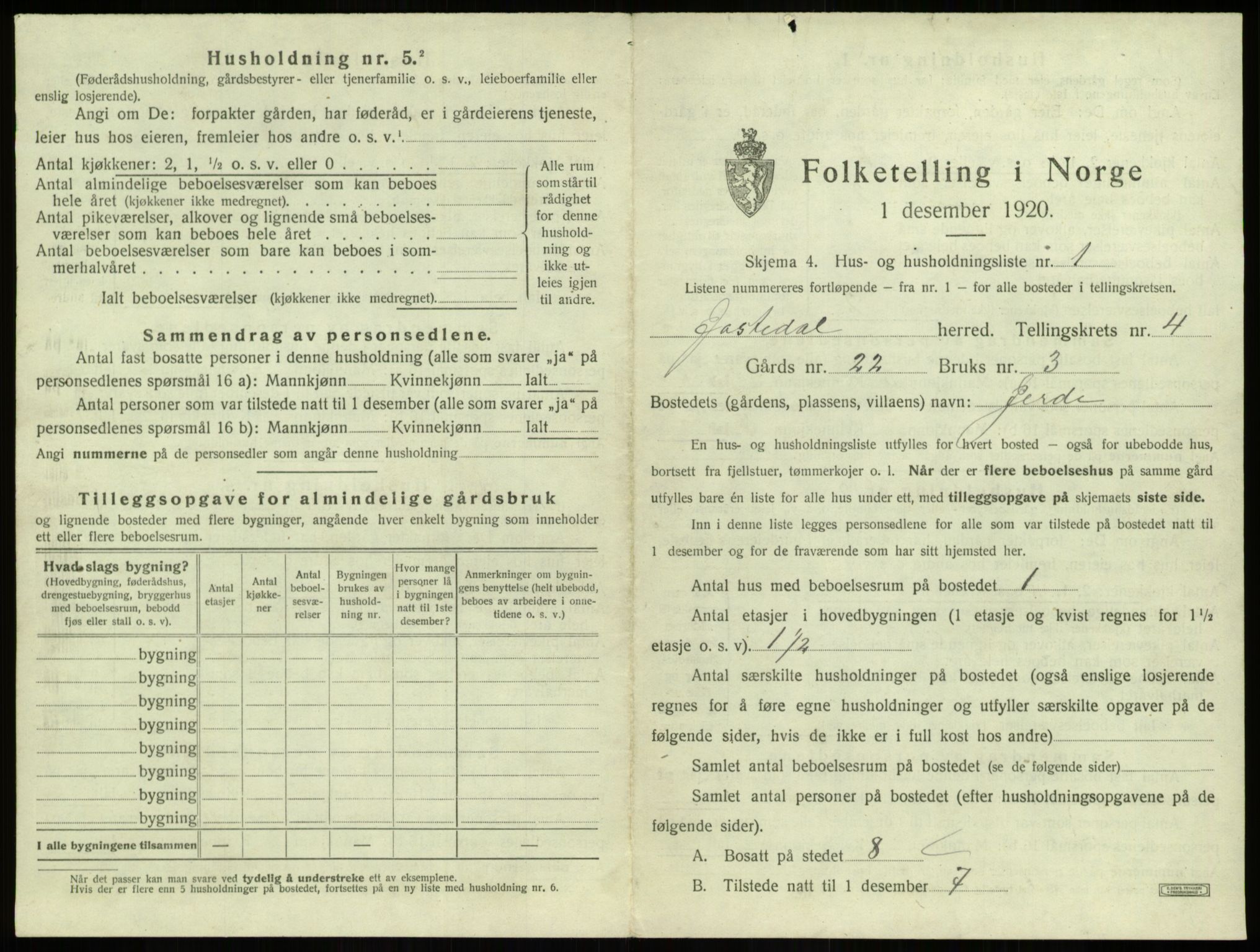 SAB, 1920 census for Jostedal, 1920, p. 195