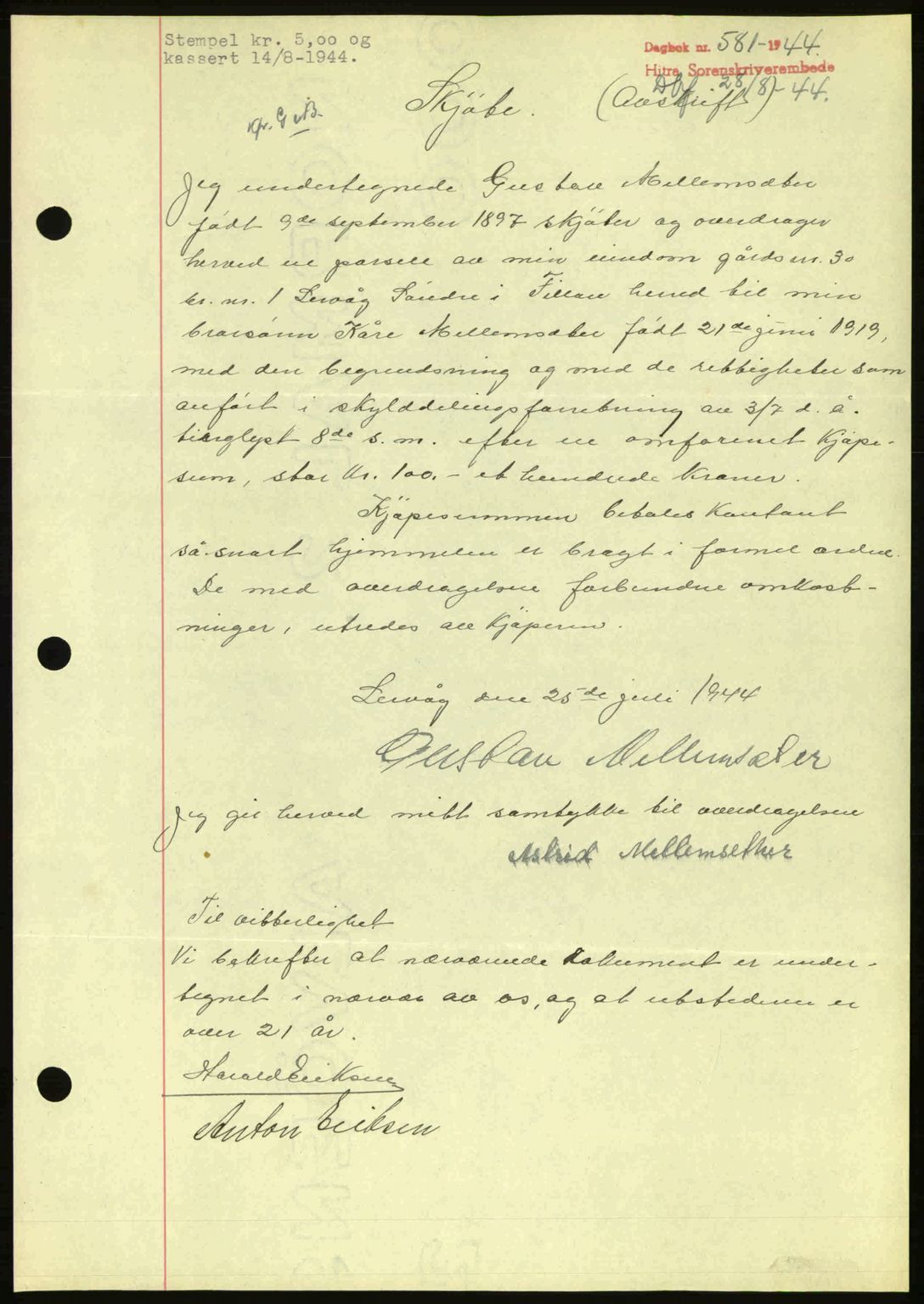 Hitra sorenskriveri, AV/SAT-A-0018/2/2C/2Ca: Mortgage book no. A2, 1943-1945, Diary no: : 581/1944