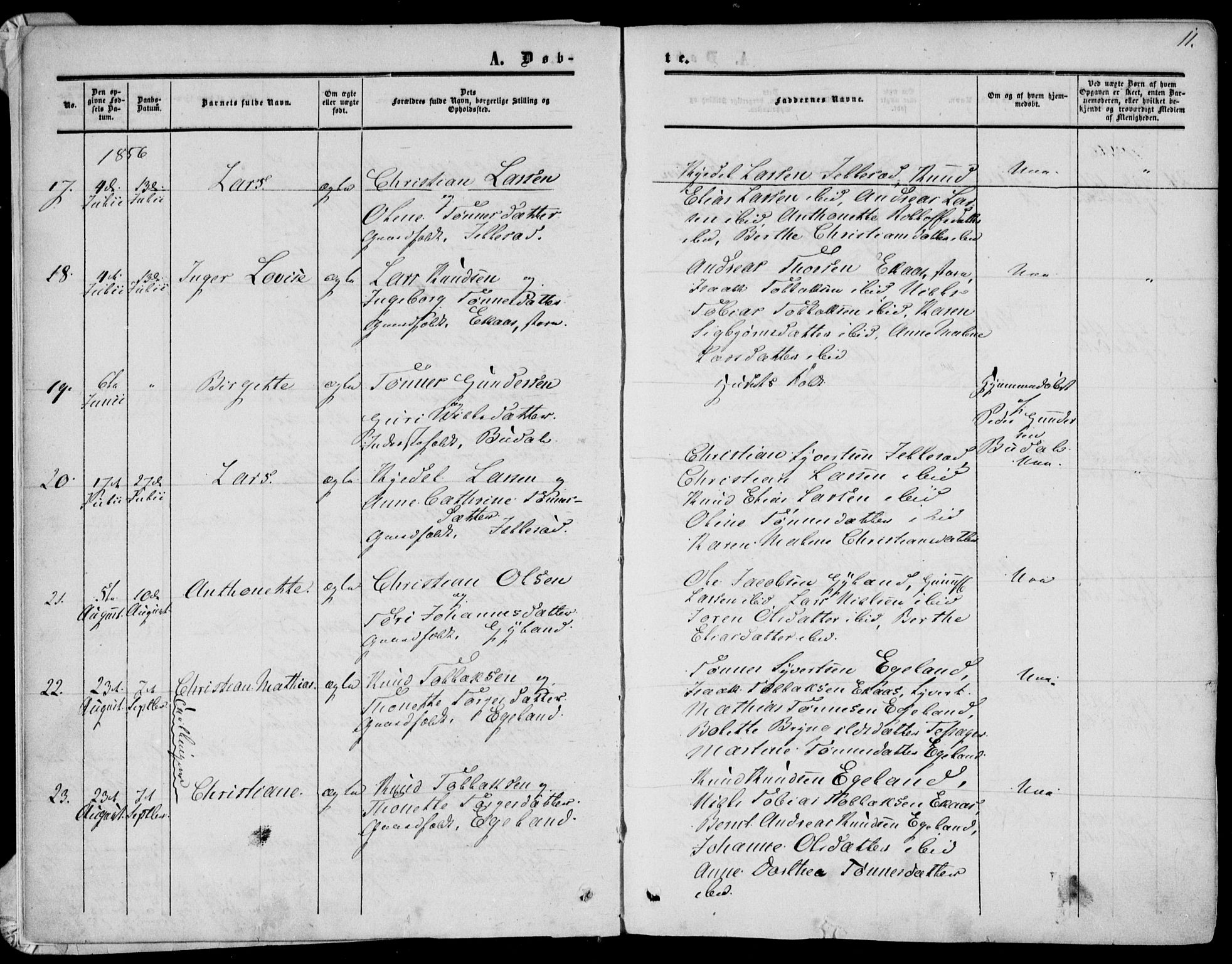 Bakke sokneprestkontor, AV/SAK-1111-0002/F/Fa/Fab/L0002: Parish register (official) no. A 2, 1855-1884, p. 11