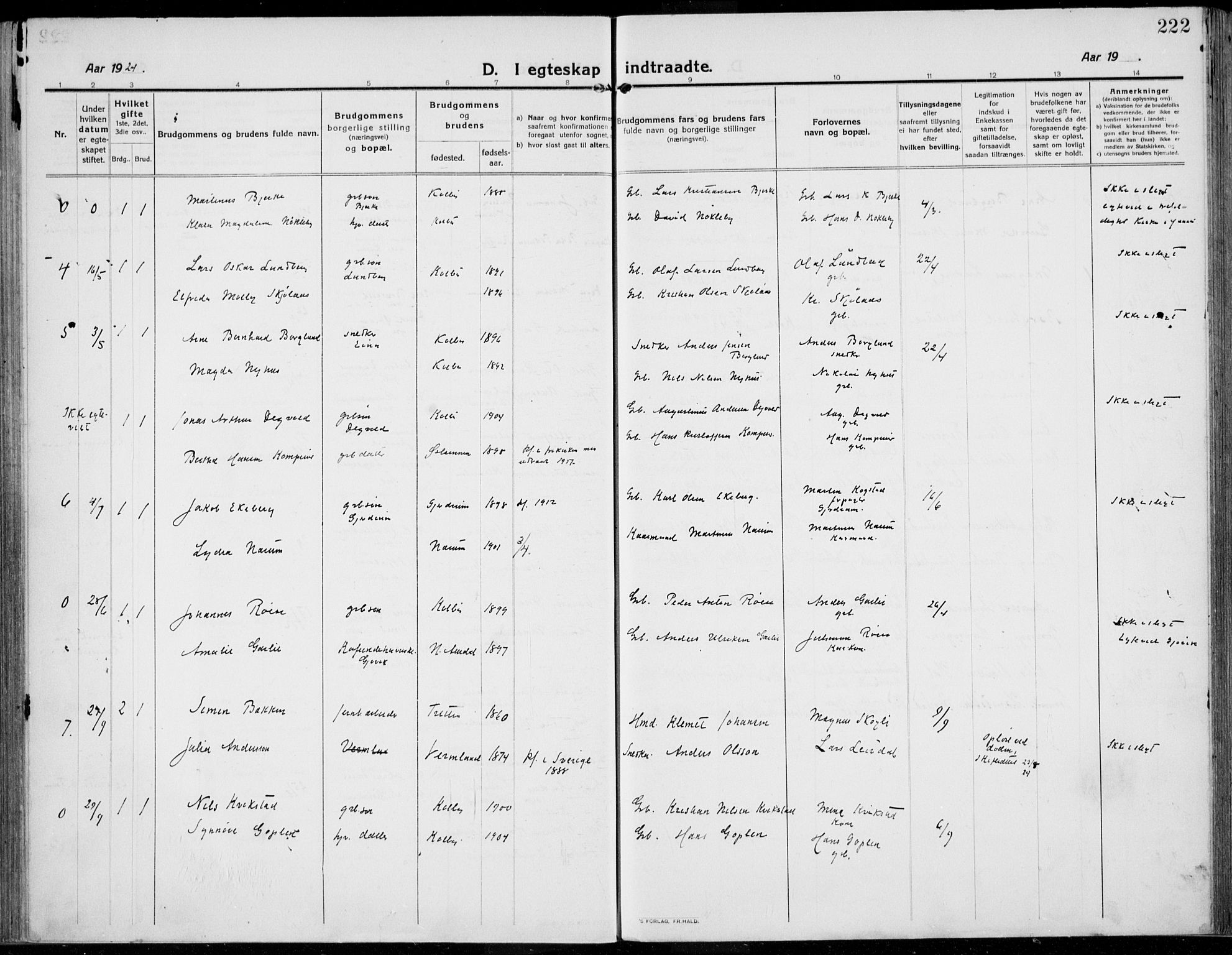 Kolbu prestekontor, SAH/PREST-110/H/Ha/Haa/L0002: Parish register (official) no. 2, 1912-1926, p. 222