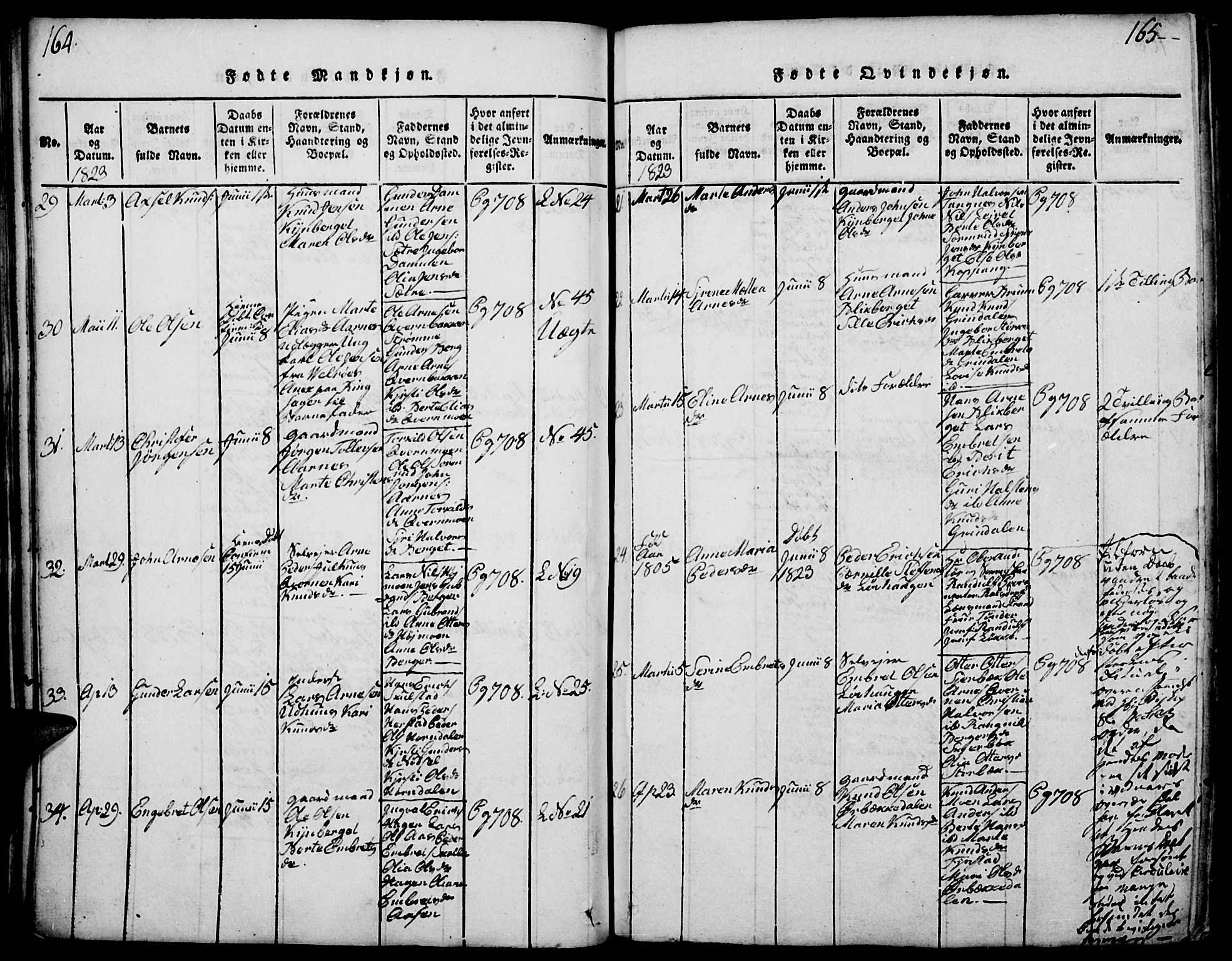 Elverum prestekontor, SAH/PREST-044/H/Ha/Haa/L0007: Parish register (official) no. 7, 1815-1830, p. 164-165