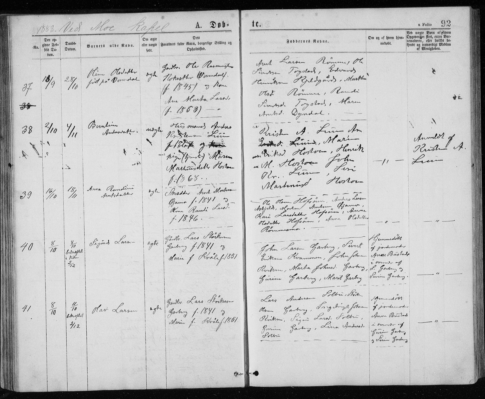 Ministerialprotokoller, klokkerbøker og fødselsregistre - Sør-Trøndelag, SAT/A-1456/671/L0843: Parish register (copy) no. 671C02, 1873-1892, p. 92