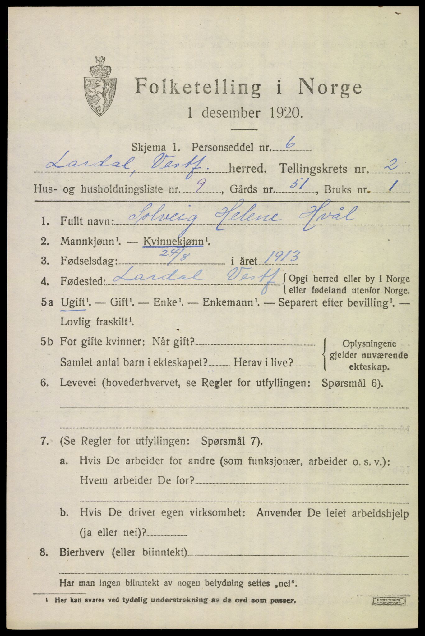 SAKO, 1920 census for Lardal, 1920, p. 2063