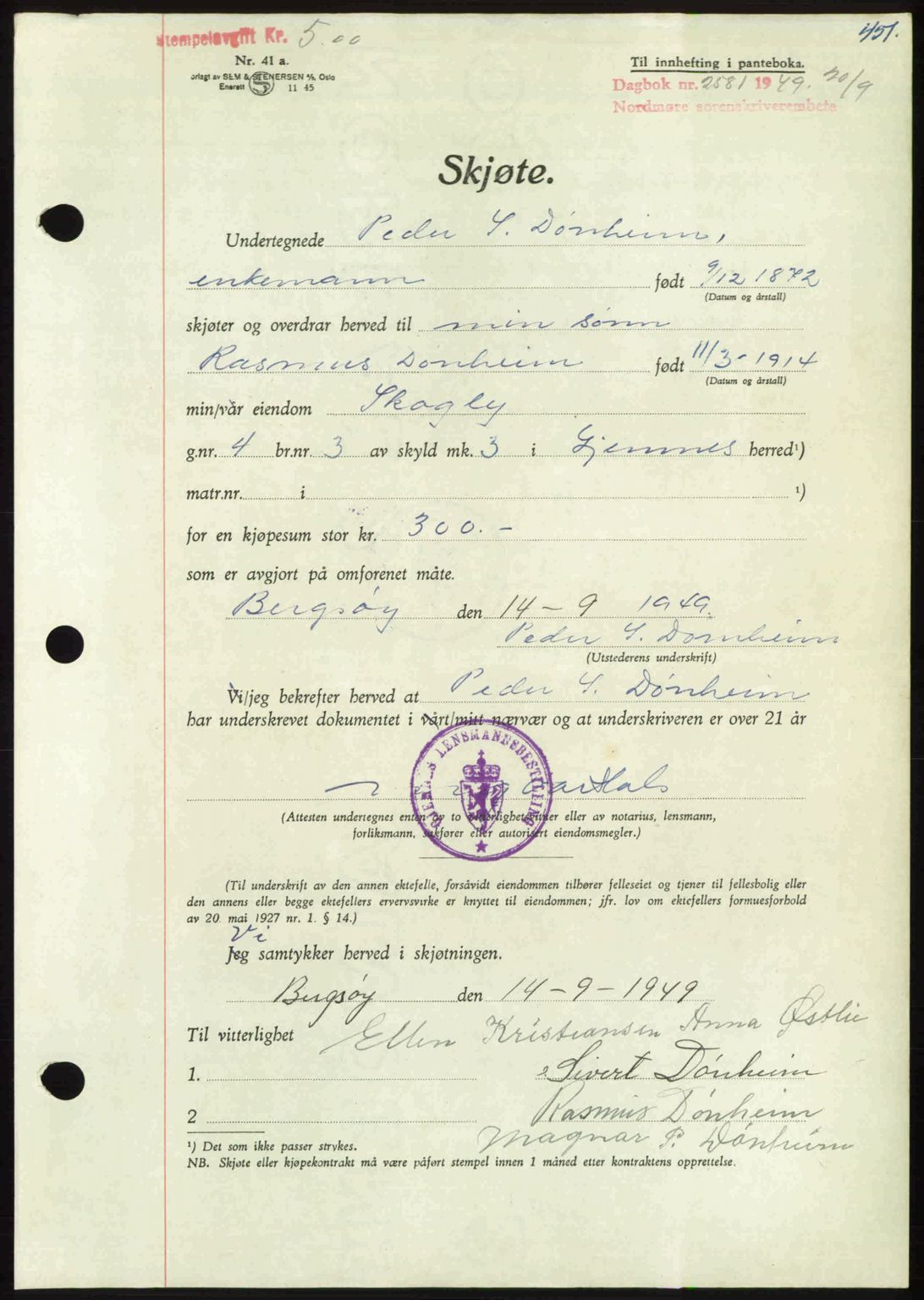 Nordmøre sorenskriveri, AV/SAT-A-4132/1/2/2Ca: Mortgage book no. A112, 1949-1949, Diary no: : 2581/1949