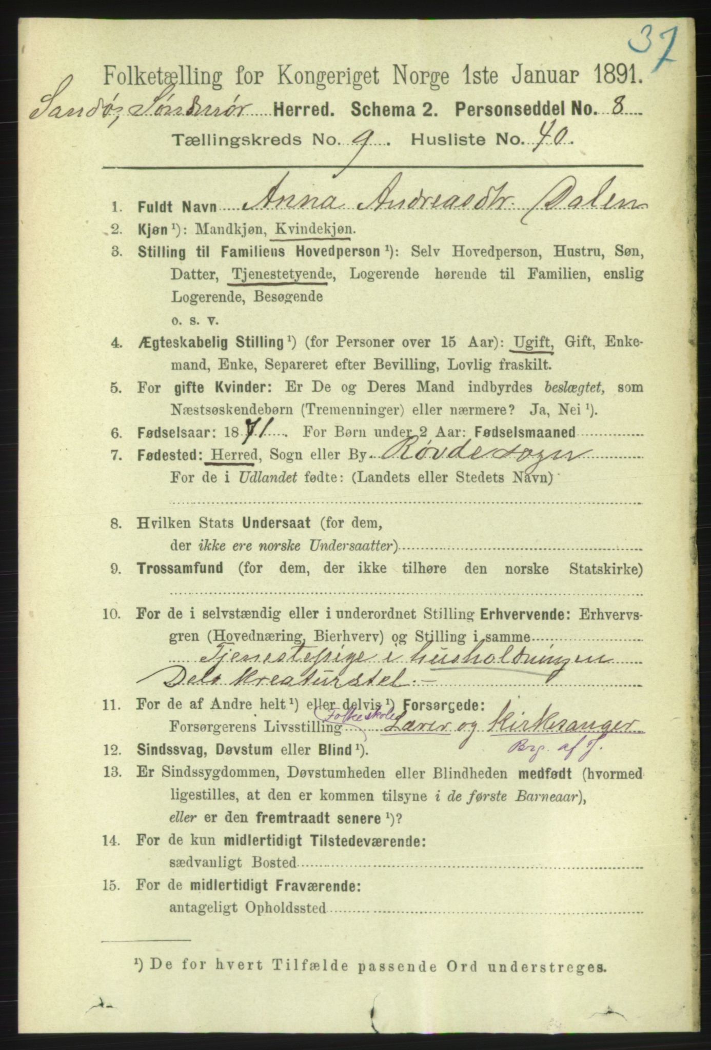 RA, 1891 census for 1514 Sande, 1891, p. 1737