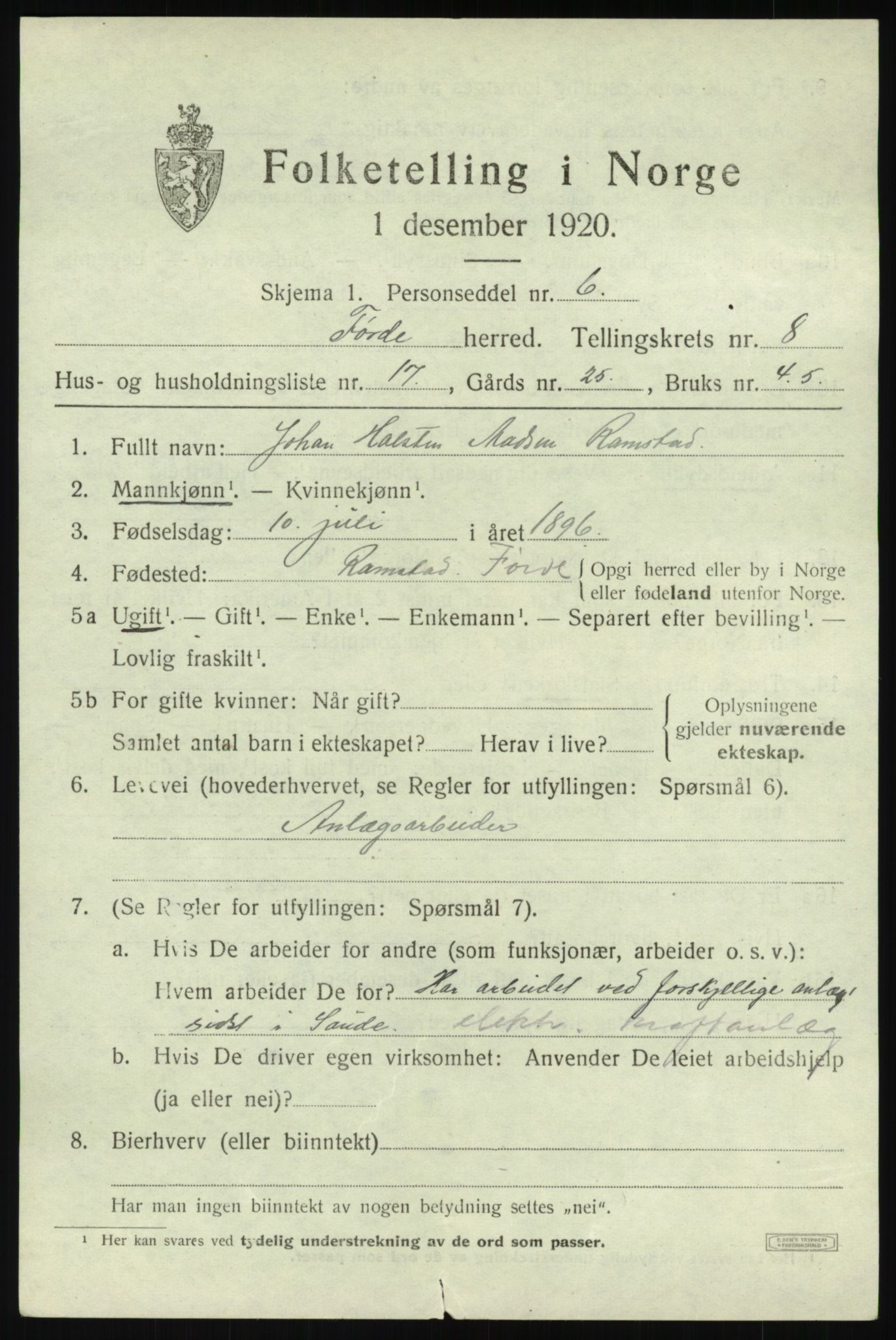 SAB, 1920 census for Førde, 1920, p. 3364